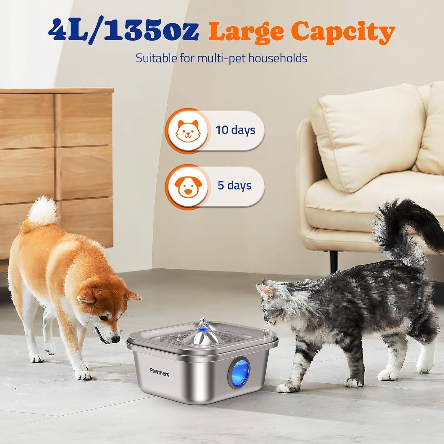 4L/135oz Large Capacity  
Suitable for multi-pet households  

10 days  
5 days