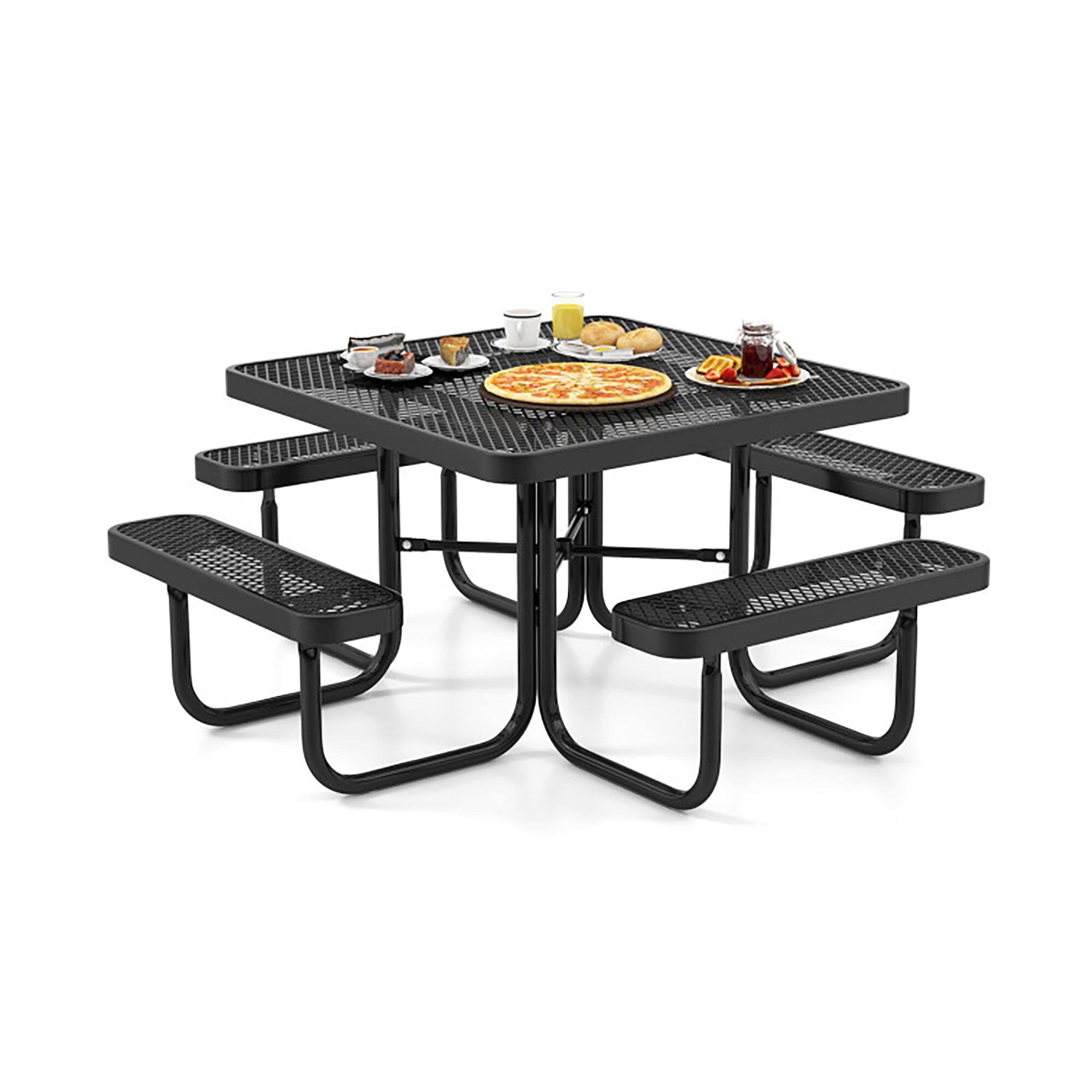 Front. Boyel Living - Square Picnic Table and Bench for 8 Person with Seats and Umbrella Hole - Black.