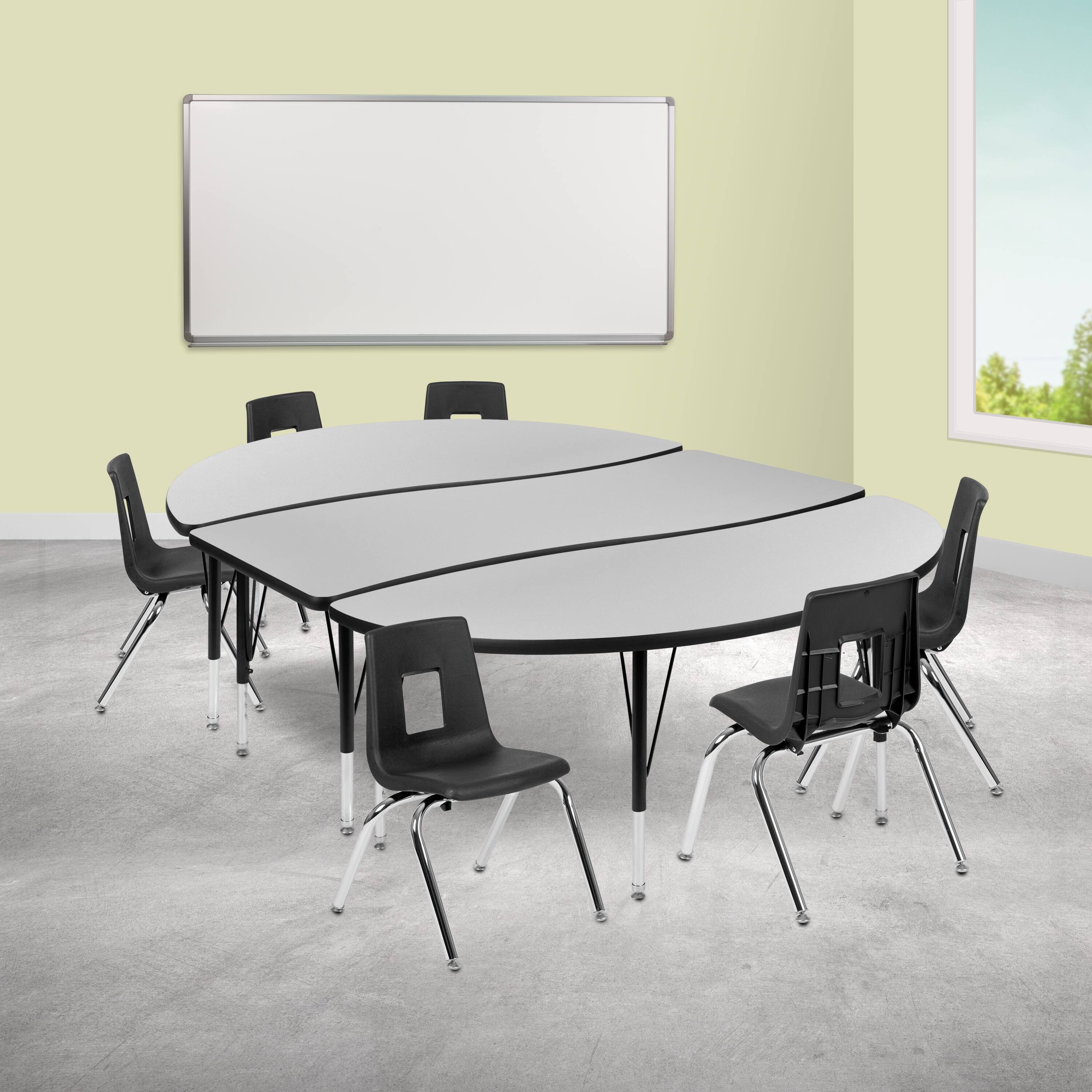 "Emma + Oliver - 86"" Oval Wave Collaborative Laminate Activity Table Set with 14"" Student Stack Chairs, Grey/Black - Gray" price history on PriceWatchPro