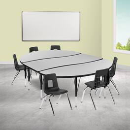 Emma + Oliver - 86" Oval Wave Collaborative Laminate Activity Table Set with 14" Student Stack Chairs, Grey/Black - Gray