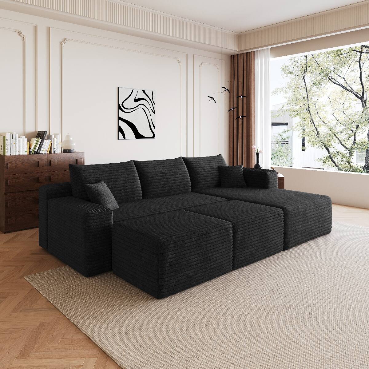 Alt View 1. Ropilly - Ropilly 95 Inch U Shaped Sectional Sofa Black Corduroy Upholstered Couch with 2 Ottomans No Assembly - Black.