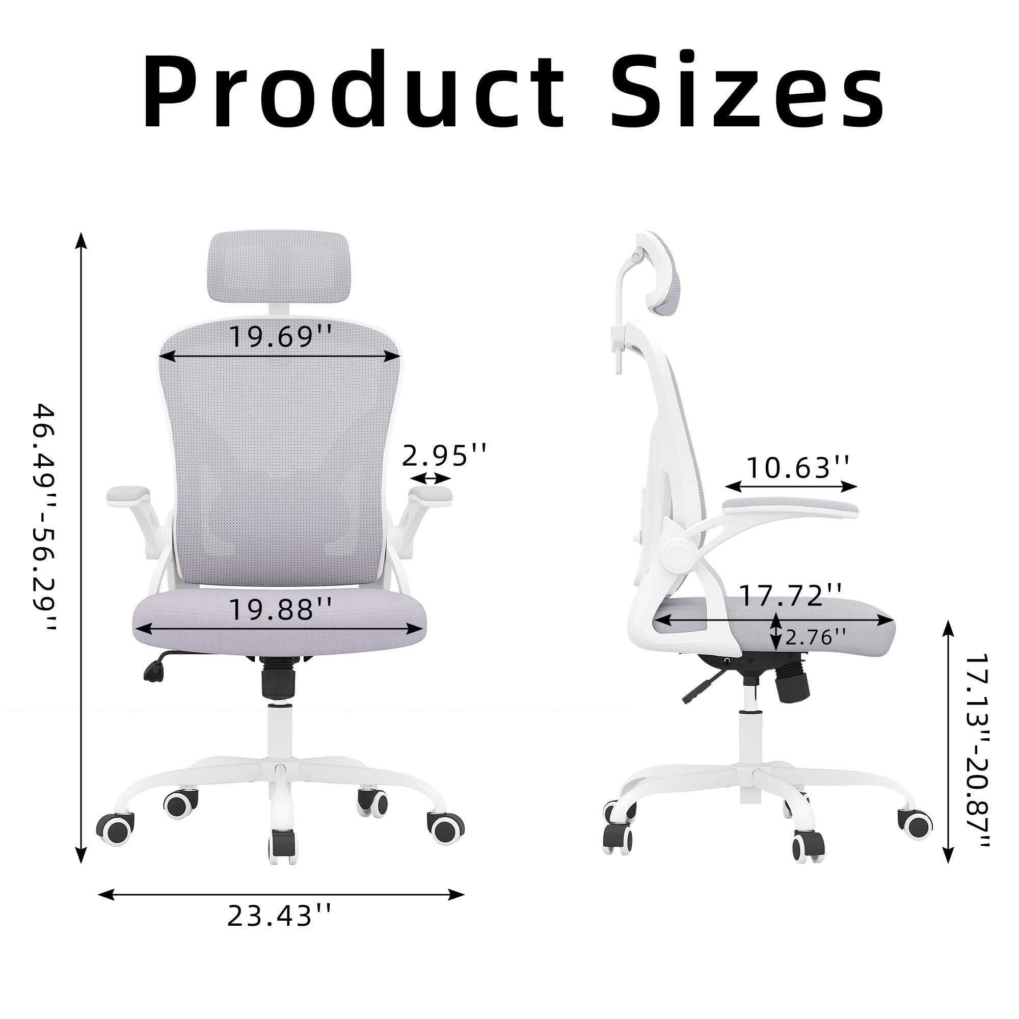 Product Sizes

- Height: 46.49" - 56.29"
- Width: 19.69"
- Depth: 19.88"
- Seat Height: 2.95"
- Seat Width: 19.88"
- Armrest Height: 10.63"
- Armrest Width: 17.72"
- Base Width: 23.43"
- Backrest Height: 17.13" - 20.87"