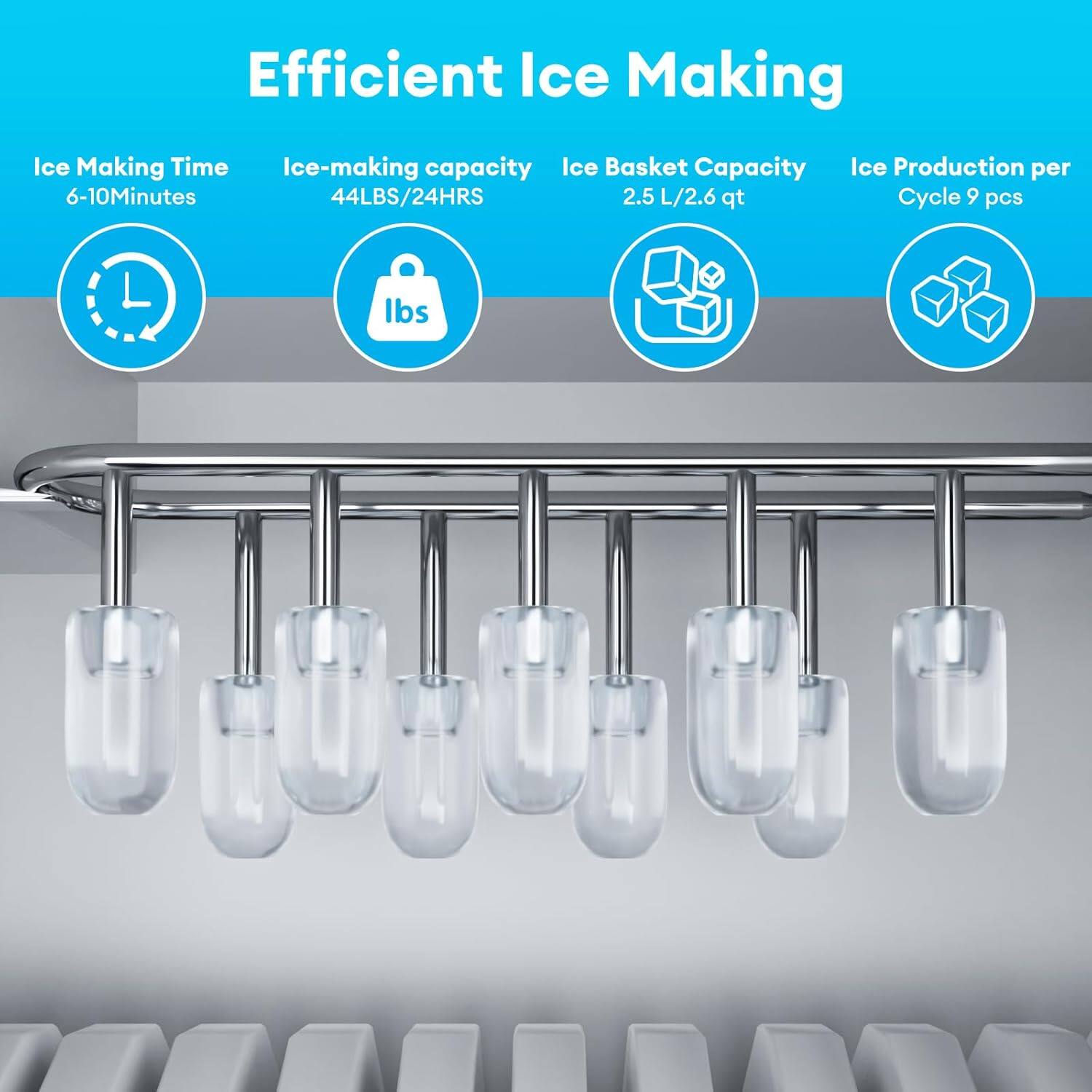 Efficient Ice Making

- Ice Making Time: 6-10 Minutes
- Ice-making capacity: 44 LBS/24 HRS
- Ice Basket Capacity: 2.5 L/2.6 qt
- Ice Production per Cycle: 9 pcs