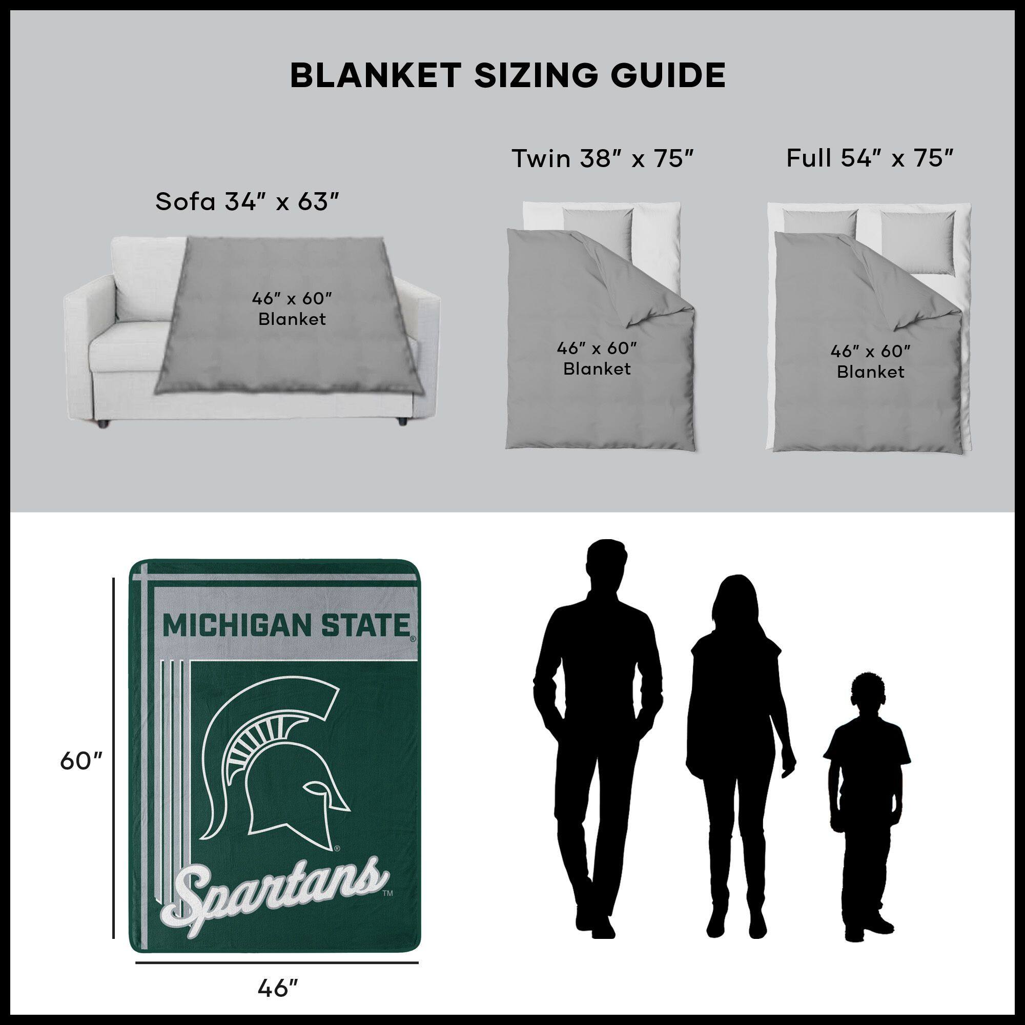BLANKET SIZING GUIDE

Sofa 34" x 63"  
46" x 60" Blanket

Twin 38" x 75"  
46" x 60" Blanket

Full 54" x 75"  
46" x 60" Blanket

MICHIGAN STATE  
Spartans  
46" x 60"