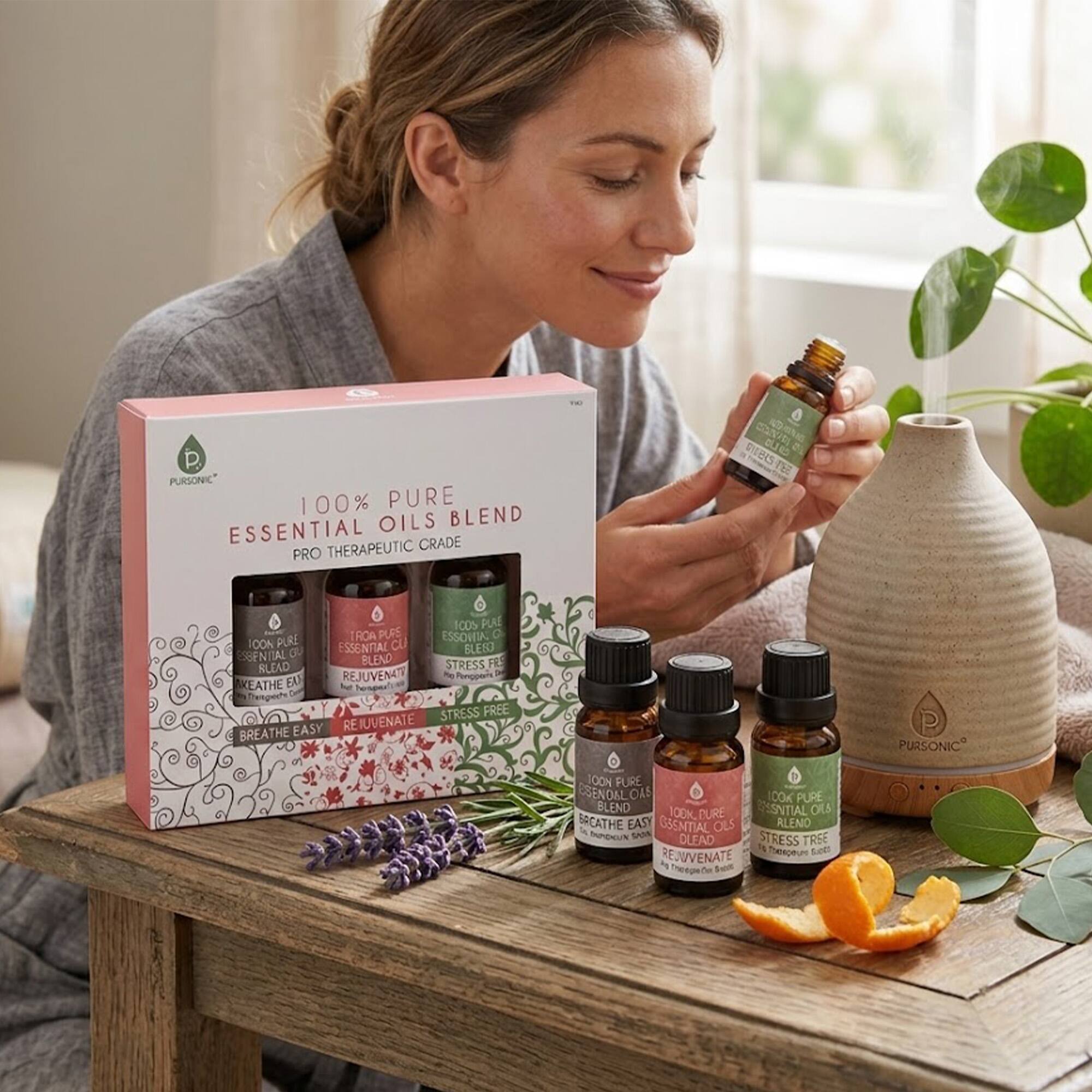 PURSONIC® 100% PURE ESSENTIAL OILS BLEND PRO THERAPEUTIC GRADE

- BREATHE EASY
- REJUVENATE
- STRESS FREE

100% PURE ESSENTIAL OILS BLEND

- BREATHE EASY
- REJUVENATE
- STRESS FREE