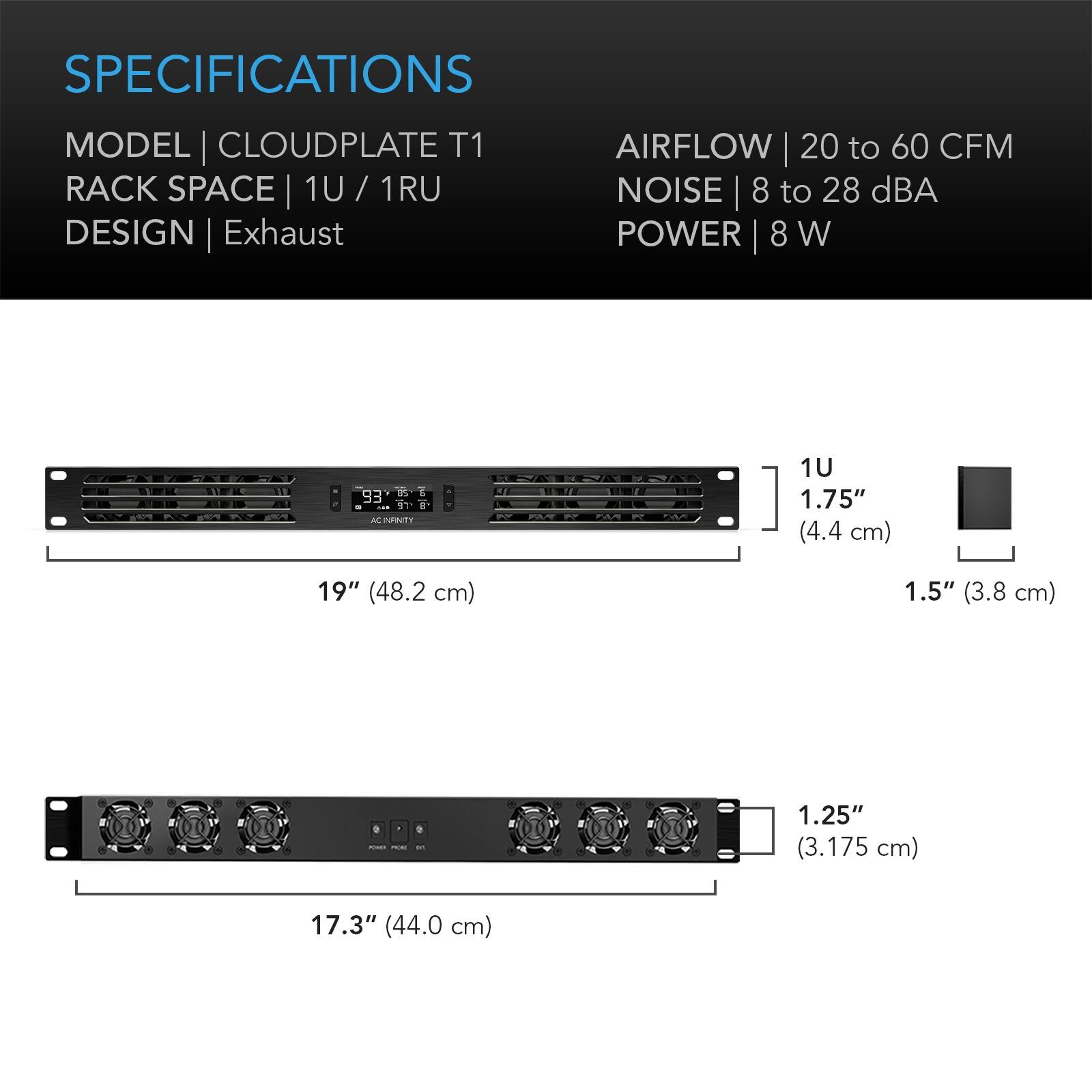 SPECIFICATIONS  
MODEL | CLOUDPLATE T1  
RACK SPACE | 1U / 1RU  
DESIGN | Exhaust  

AIRFLOW | 20 to 60 CFM  
NOISE | 8 to 28 dBA  
POWER | 8 W  

1U  
1.75" (4.4 cm)  
19" (48.2 cm)  
1.5" (3.8 cm)  

1.25" (3.175 cm)  
17.3" (44.0 cm)