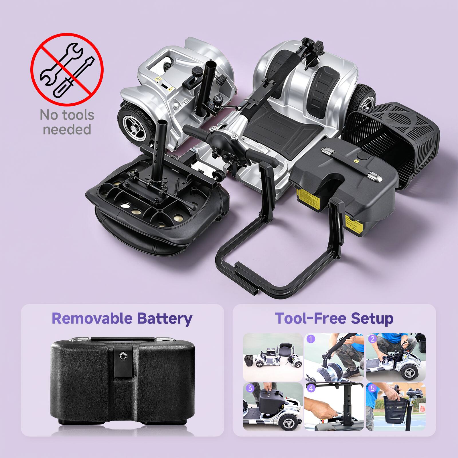 1. No tools needed  
2. Removable Battery  
3. Tool-Free Setup  

1. No tools needed  
2. Removable Battery  
3. Tool-Free Setup