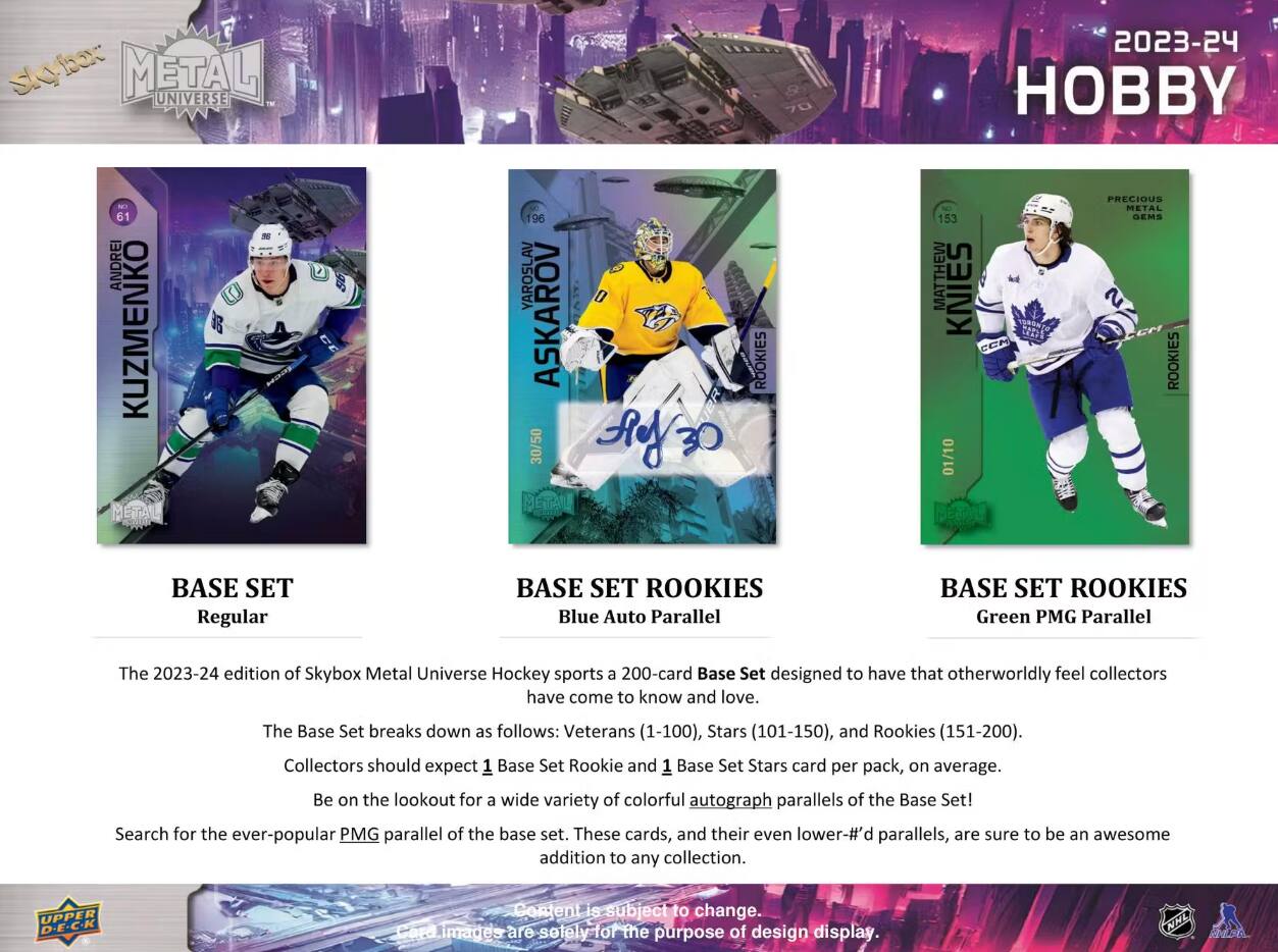 skybox METAL UNIVERSE  
2023-24 HOBBY  
NET 61 ANDREI KUZMENKO  
96 YAROSLAV ASKAROV V 30/50 Ref  
ROOKIES  
153 MATTHEW KNIES CGM 01/10  
PRECIOUS METAL GEMS 2 ROOKIES  
BASE SET Regular  
BASE SET ROOKIES Blue Auto Parallel  
BASE SET ROOKIES Green PMG Parallel  

The 2023-24 edition of Skybox Metal Universe Hockey sports a 200-card Base Set designed to have that otherworldly feel collectors have come to know and love.  
The Base Set breaks down as follows: Veterans (1-100), Stars (101-150), and Rookies (151-200). Collectors should expect 1 Base Set Rookie and 1 Base Set Stars card per pack, on average. Be on the lookout for a wide variety of colorful autograph parallels of the Base Set! Search for the ever-popular PMG parallel of the base set. These cards, and their even lower-#'d parallels, are