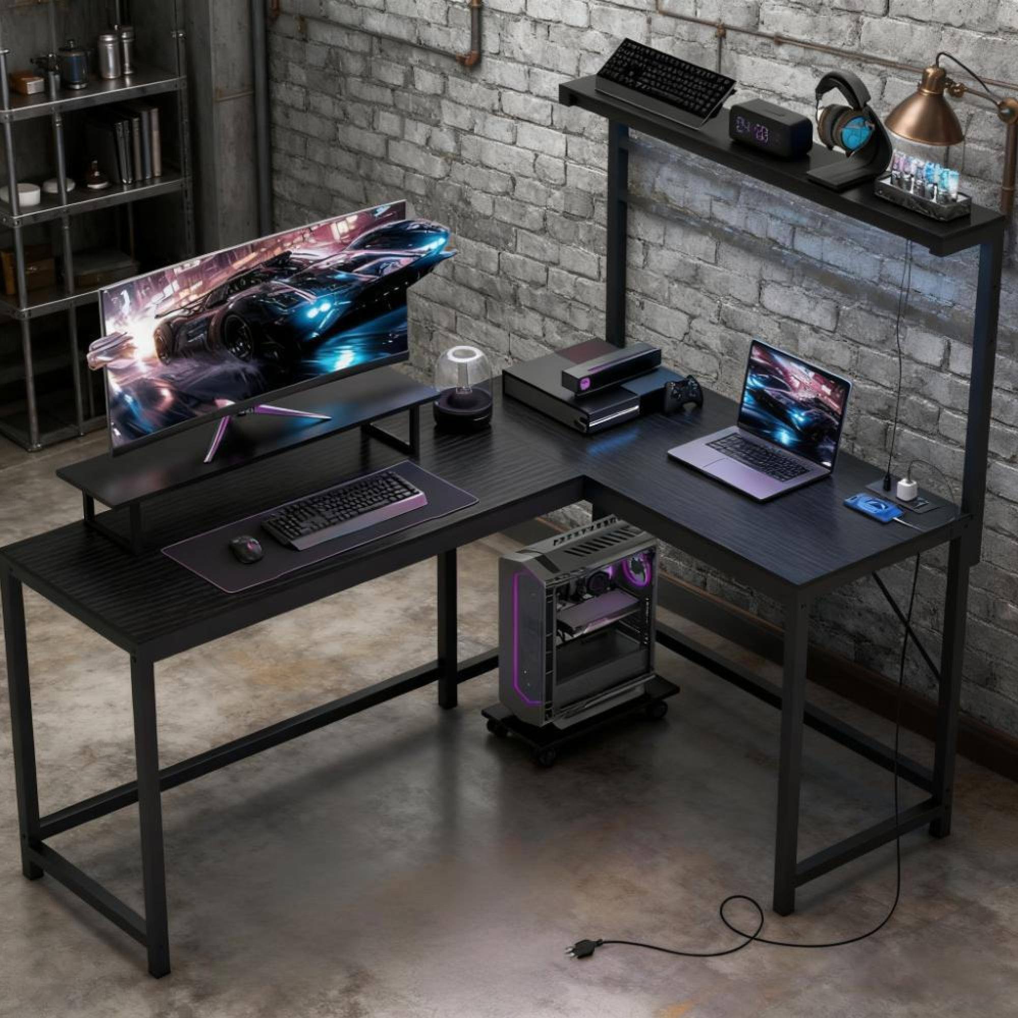 Alt View 5. GOODSILO - L-Shaped Computer Desk with Integrated Power Outlets, RGB LED Lighting, and Adjustable Monitor Stand - Black.