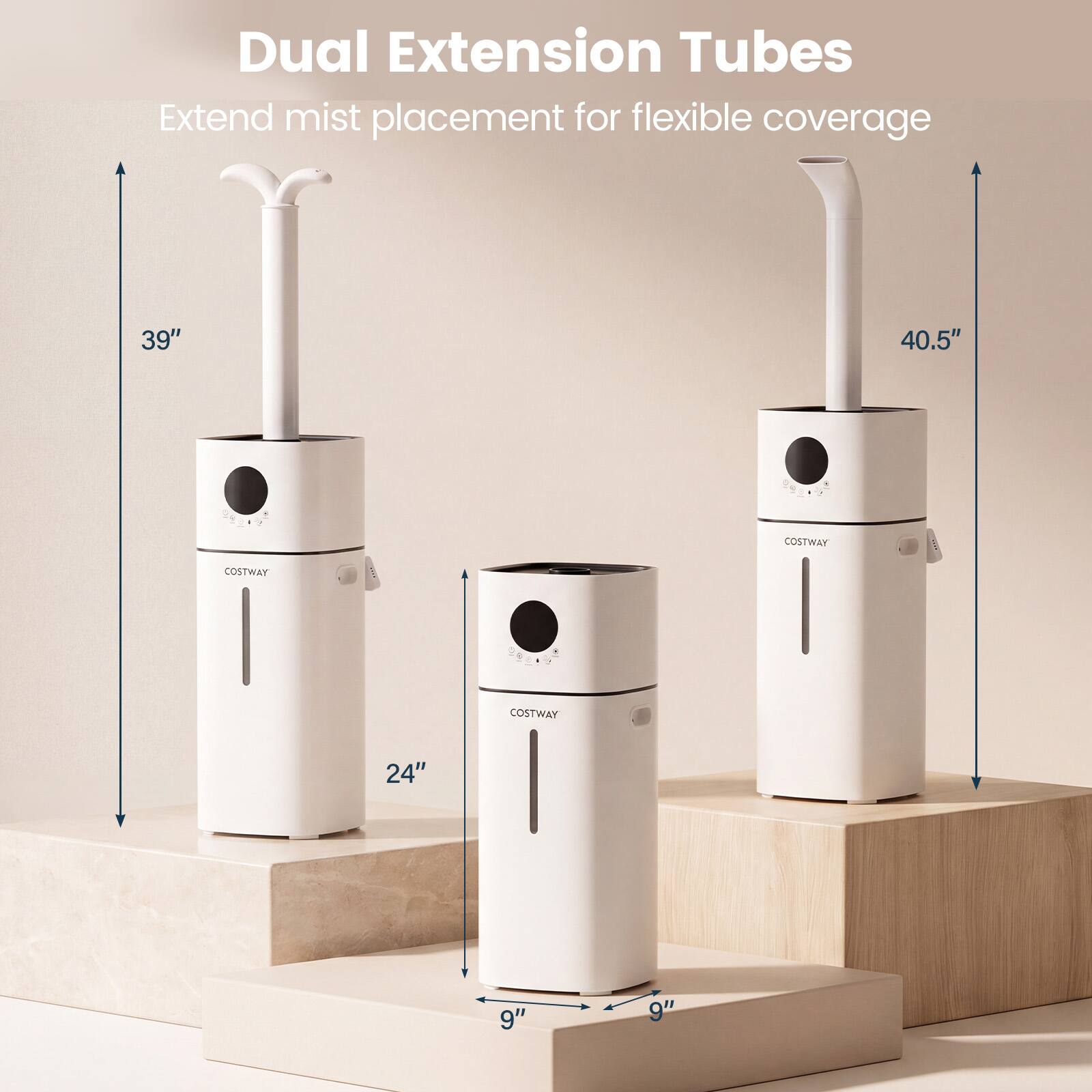 Dual Extension Tubes  
Extend mist placement for flexible coverage  

39"  
40.5"  
COSTWAY  
COSTWAY  
24"  
9"  
9"