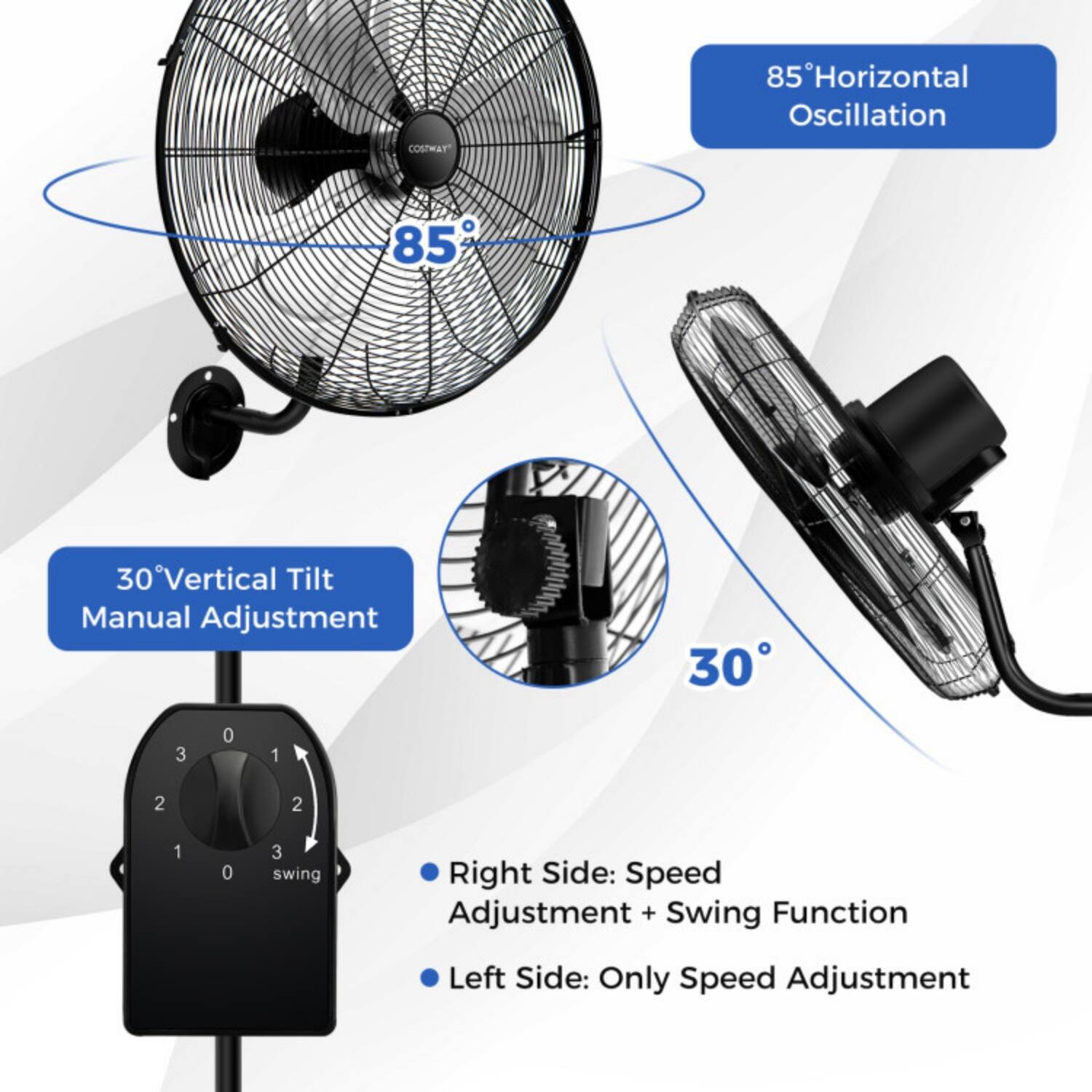 COSTWAY  
85° Horizontal Oscillation  
30° Vertical Tilt Manual Adjustment  

Right Side: Speed Adjustment + Swing Function  
Left Side: Only Speed Adjustment