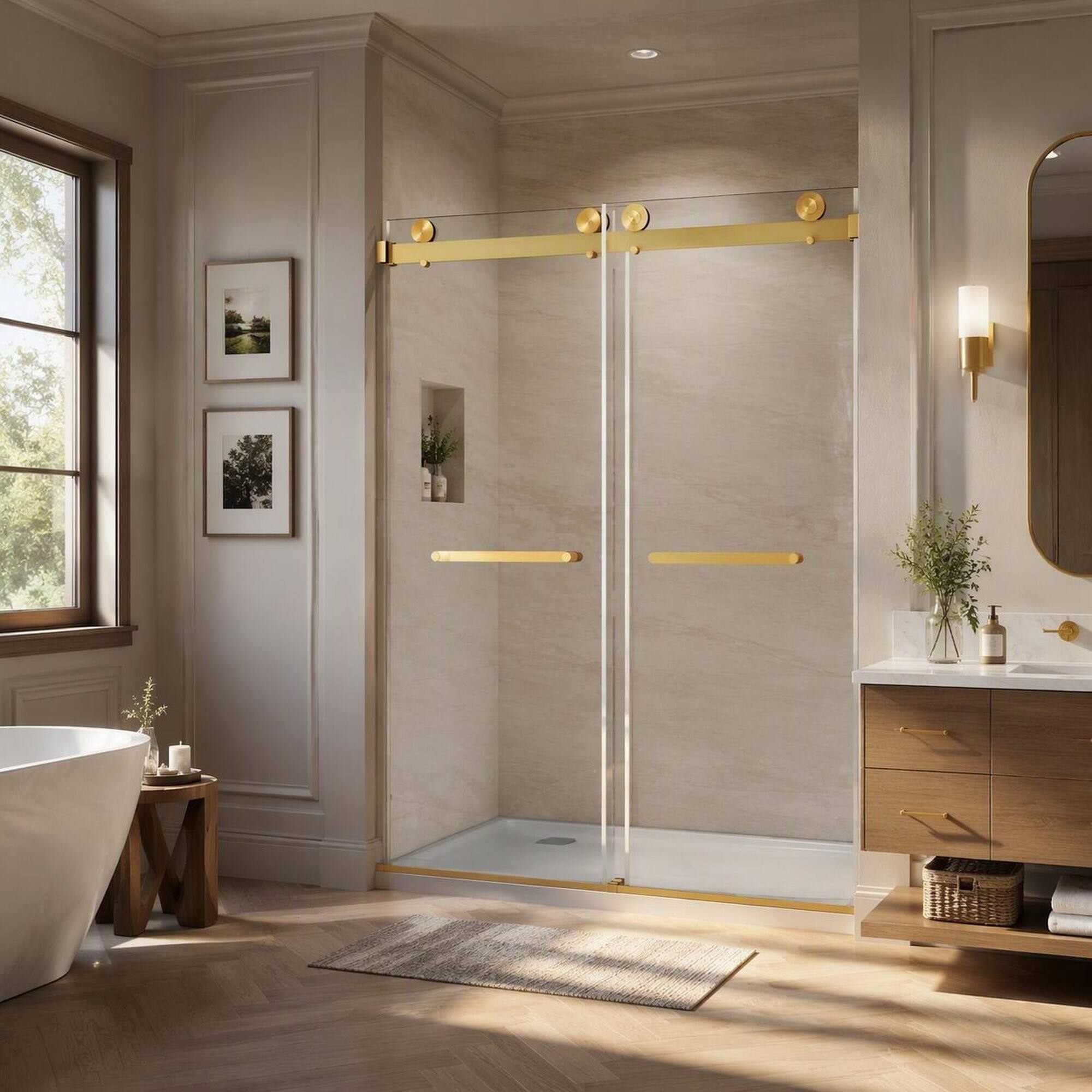Angle. RYHNUYNE - Frameless Double Sliding Shower Door 56-60" W X 74" H With 5/16" Tempered Glass, Brushed Gold Hardware - Brushed Gold.