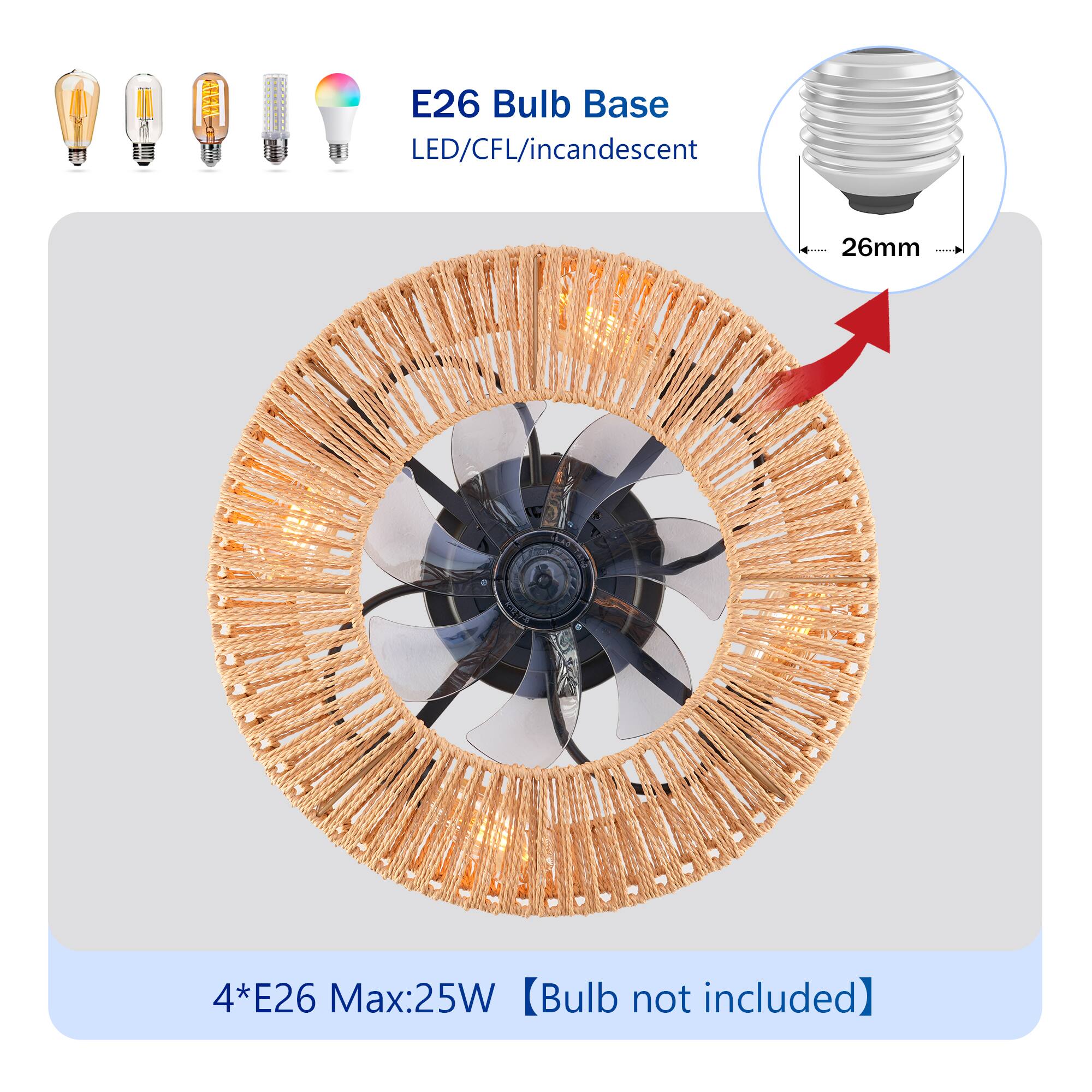 E26 Bulb Base  
LED/CFL/incandescent  
26mm  

4*E26 Max:25W  
[Bulb not included]
