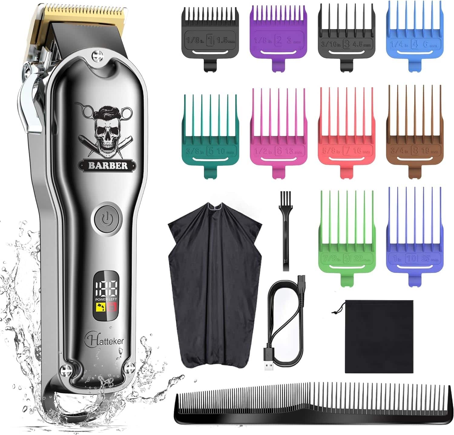 HATTEKER - Hair Clippers for Men, Professional Cordless Hair Trimmer, IPX7 Waterproof, 10 Combs, LCD Display, 300-Min