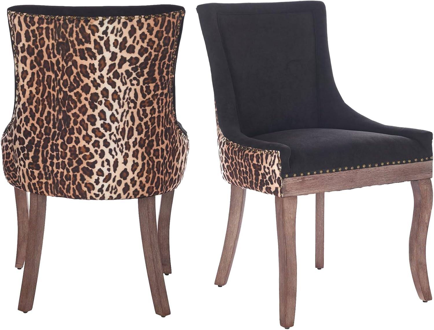 Alt View 1. Trinkets Crazed -  Upholstered Side Chairs Set of 2, Solid Wood Kitchen Dining Room Chairs with Nailheads Legs - Leopard Print.
