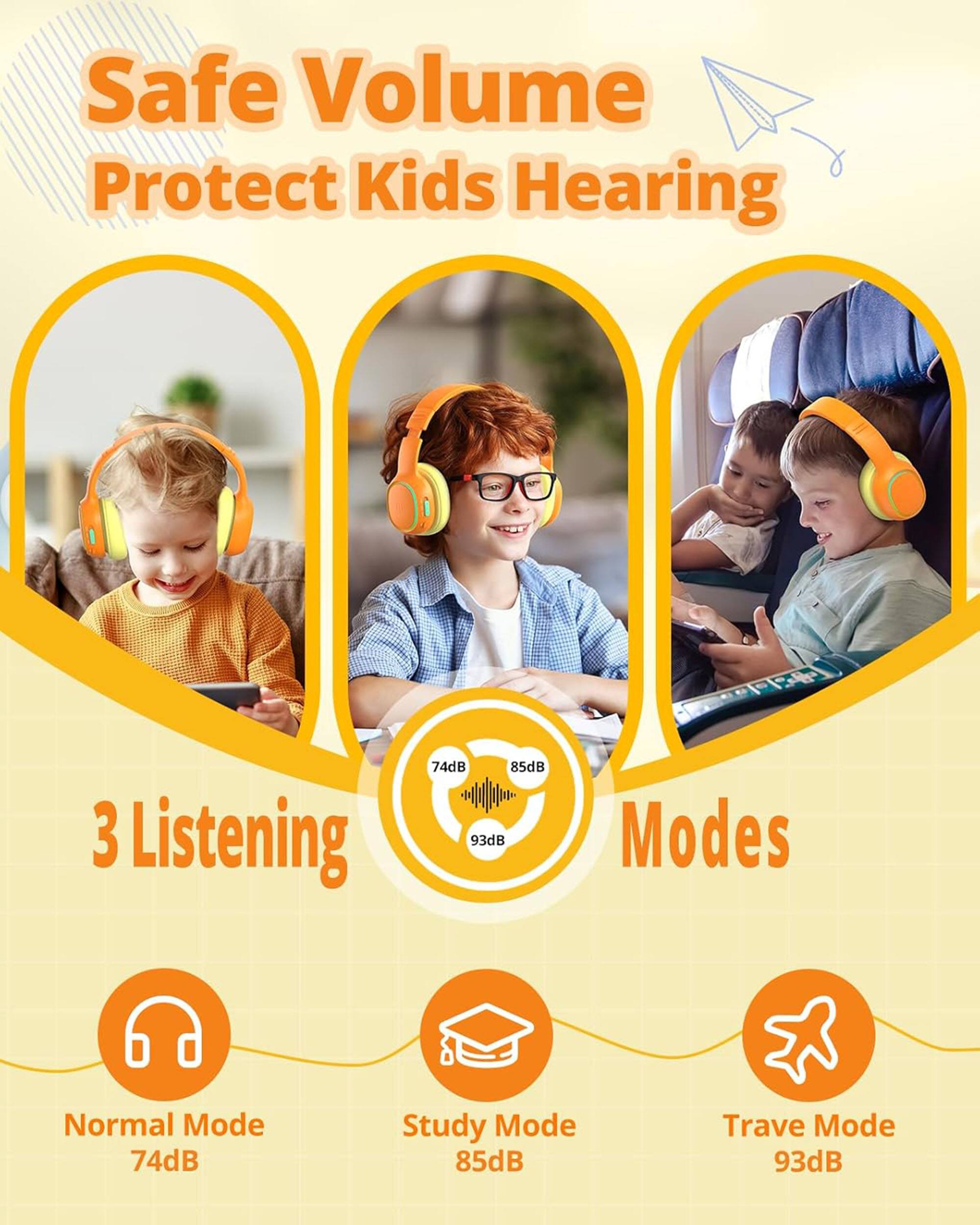 Safe Volume Protect Kids Hearing 3 Listening Modes: Normal Mode (74dB), Study Mode (85dB), Travel Mode (93dB)