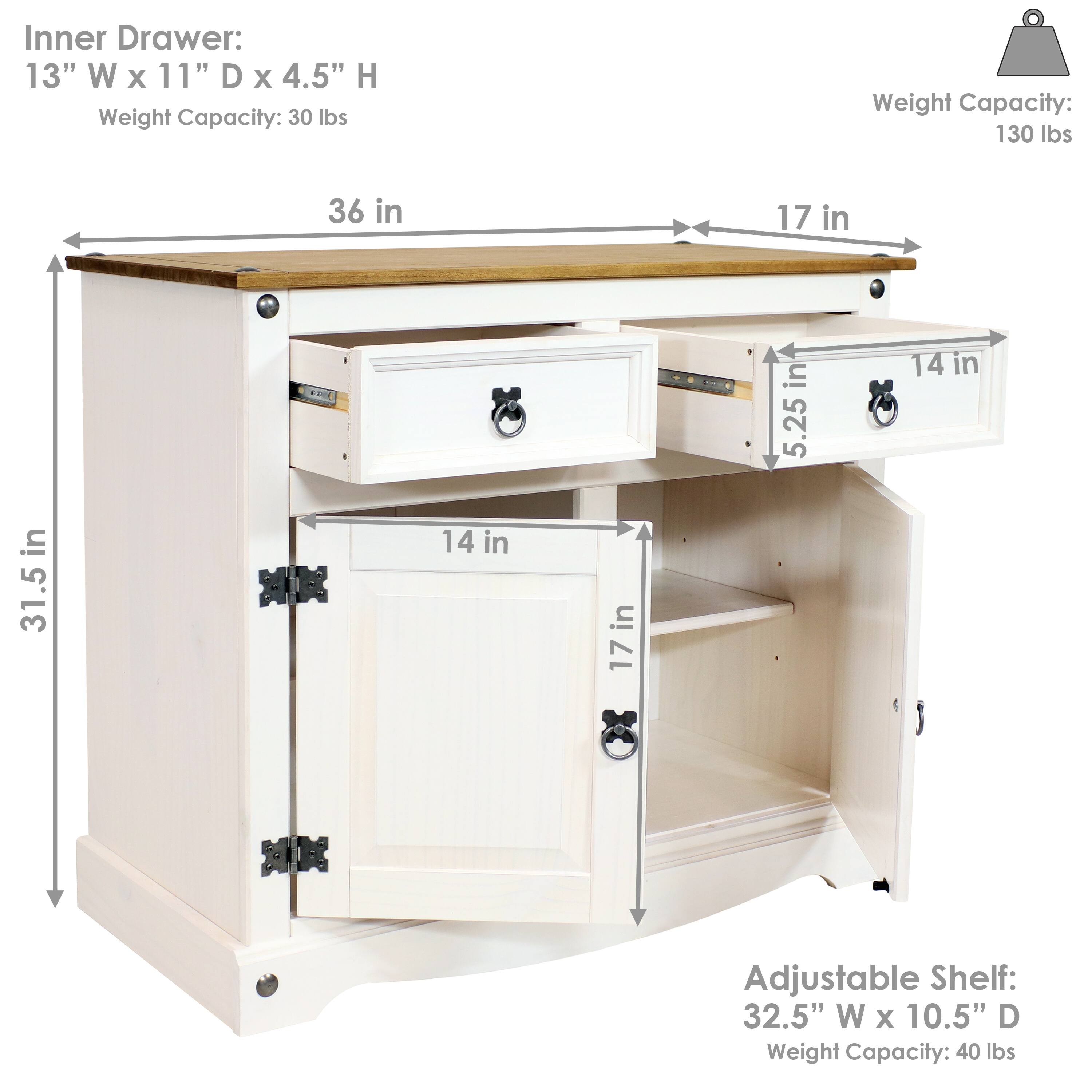 Inner Drawer:  
13" W x 11" D x 4.5" H  
Weight Capacity: 30 lbs  

Weight Capacity: 130 lbs  

36 in  
17 in  
31.5 in  
5.25 in  

Adjustable Shelf:  
32.5" W x 10.5" D  
Weight Capacity: 40 lbs