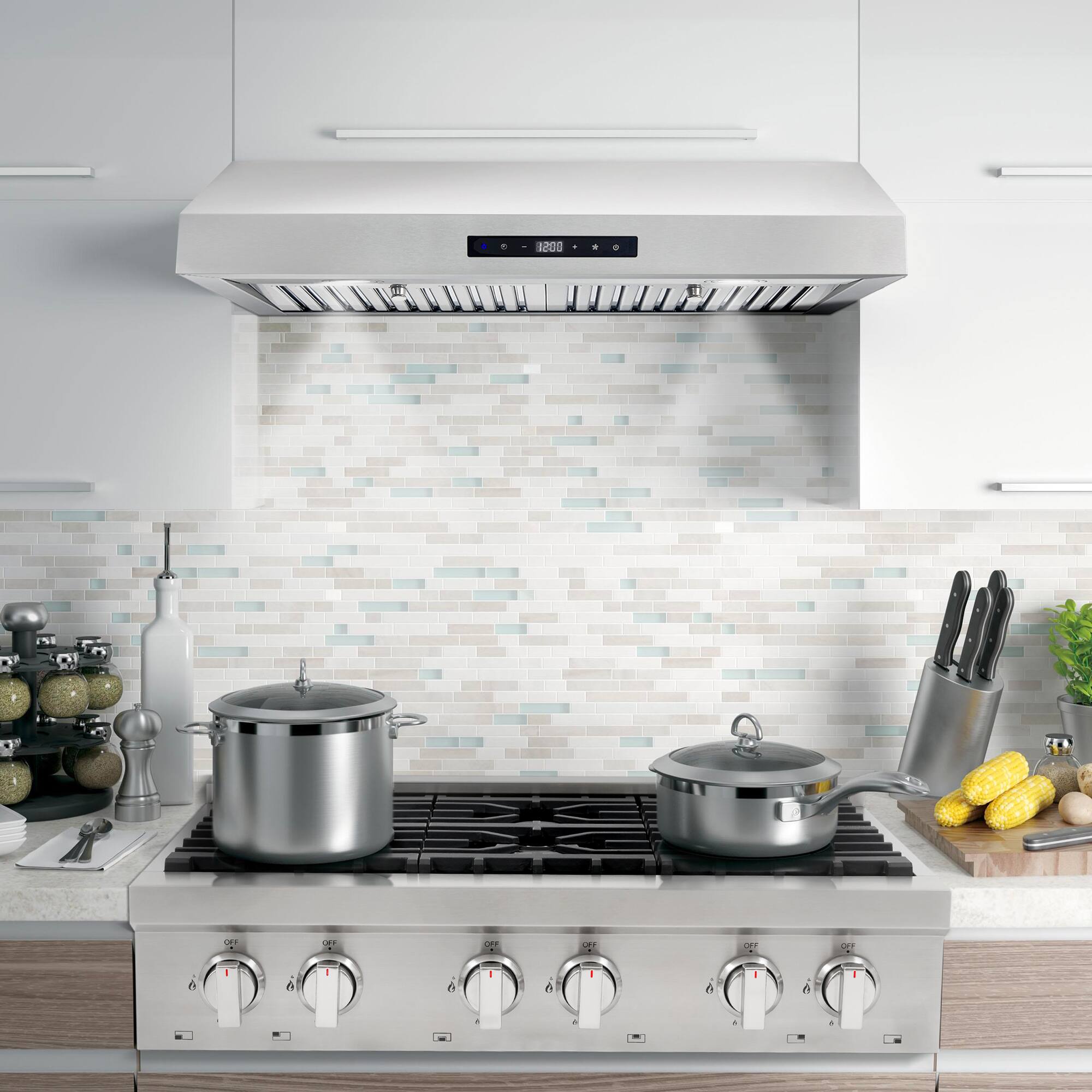 Angle. COSMO - UMC30 30 in. Haven Collection 380 CFM Ducted Under Cabinet Range Hood, LED Lights, Touch Controls - Stainless Steel.