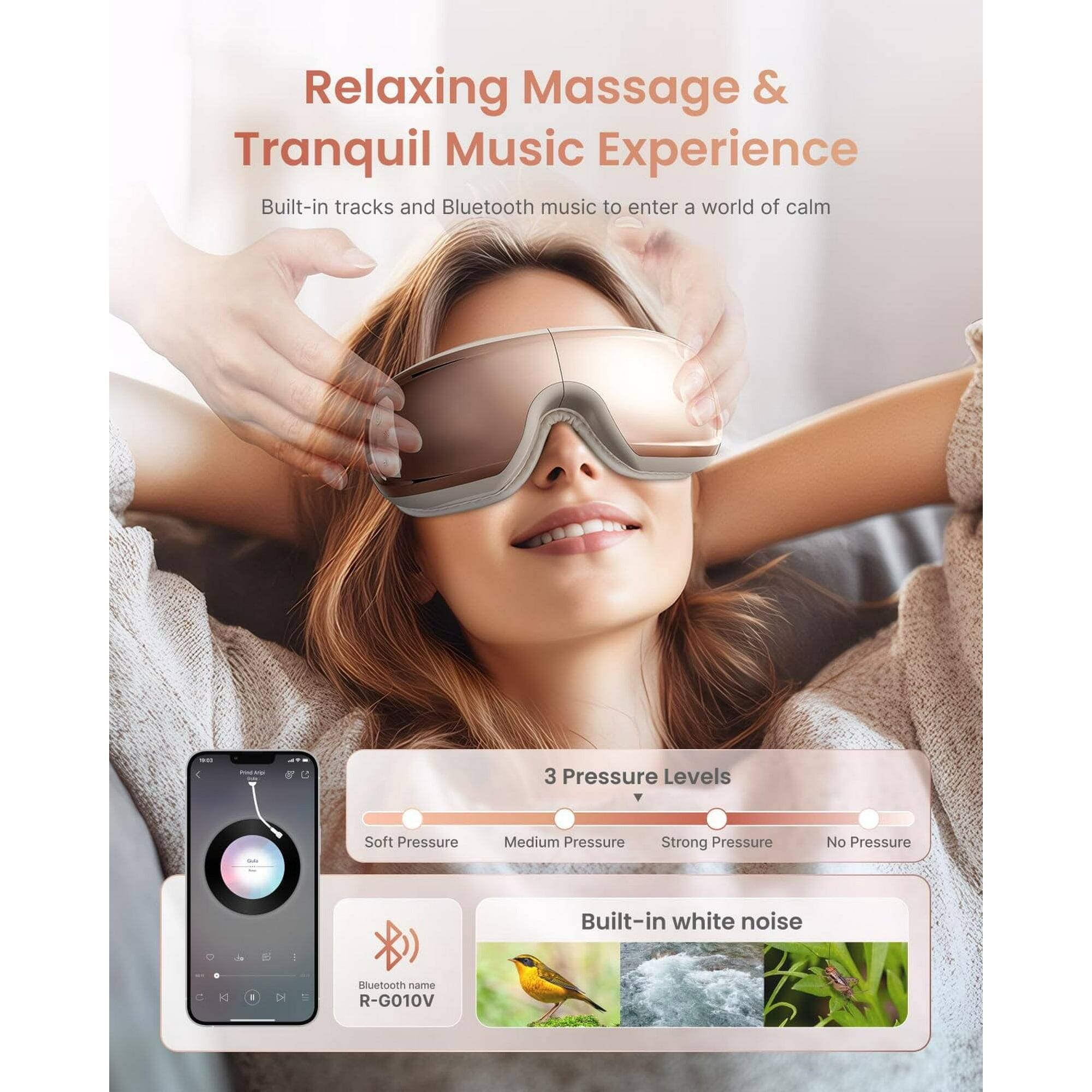 Relaxing Massage & Tranquil Music Experience  
Built-in tracks and Bluetooth music to enter a world of calm  

3 Pressure Levels  
Soft Pressure  
Medium Pressure  
Strong Pressure  
No Pressure  

Built-in white noise  

Bluetooth name: R-G010V
