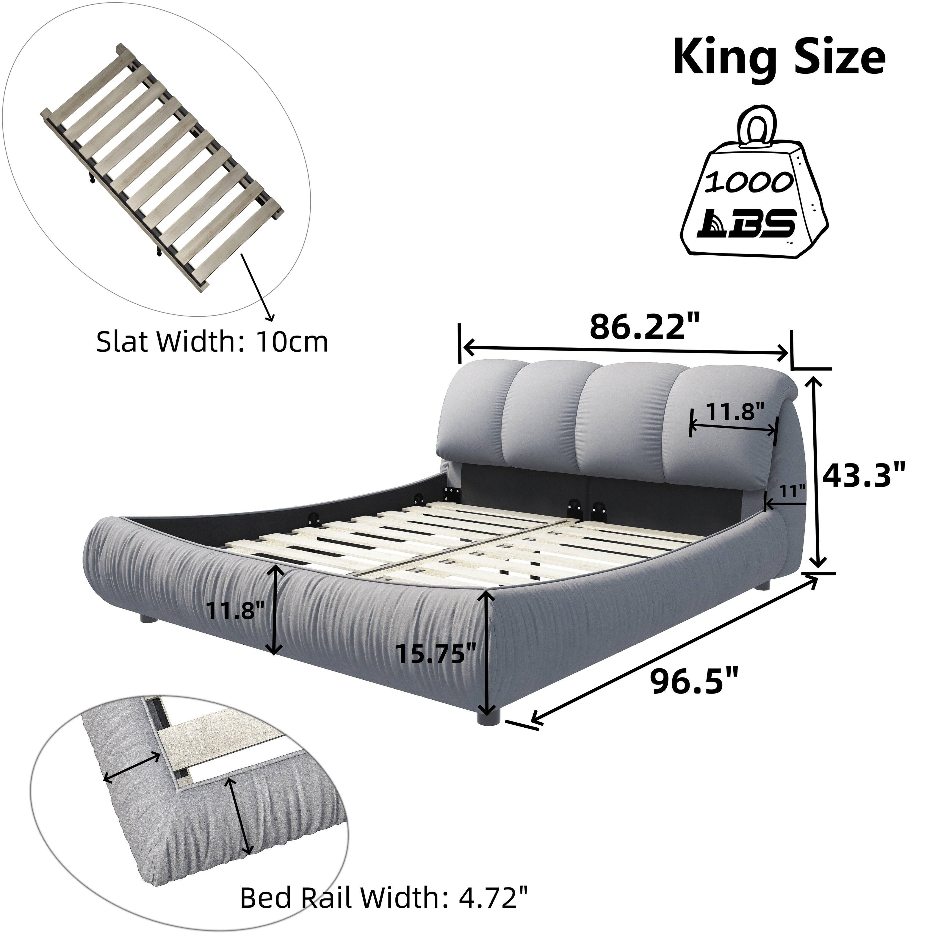 King Size  
1000 ABS  
Slat Width: 10cm  
Bed Rail Width: 4.72"  

Dimensions:  
- Length: 96.5"  
- Width: 86.22"  
- Height: 11.8"  
- Depth: 43.3"  
- Slat Spacing: 11"  
- Rail Width: 4.72"