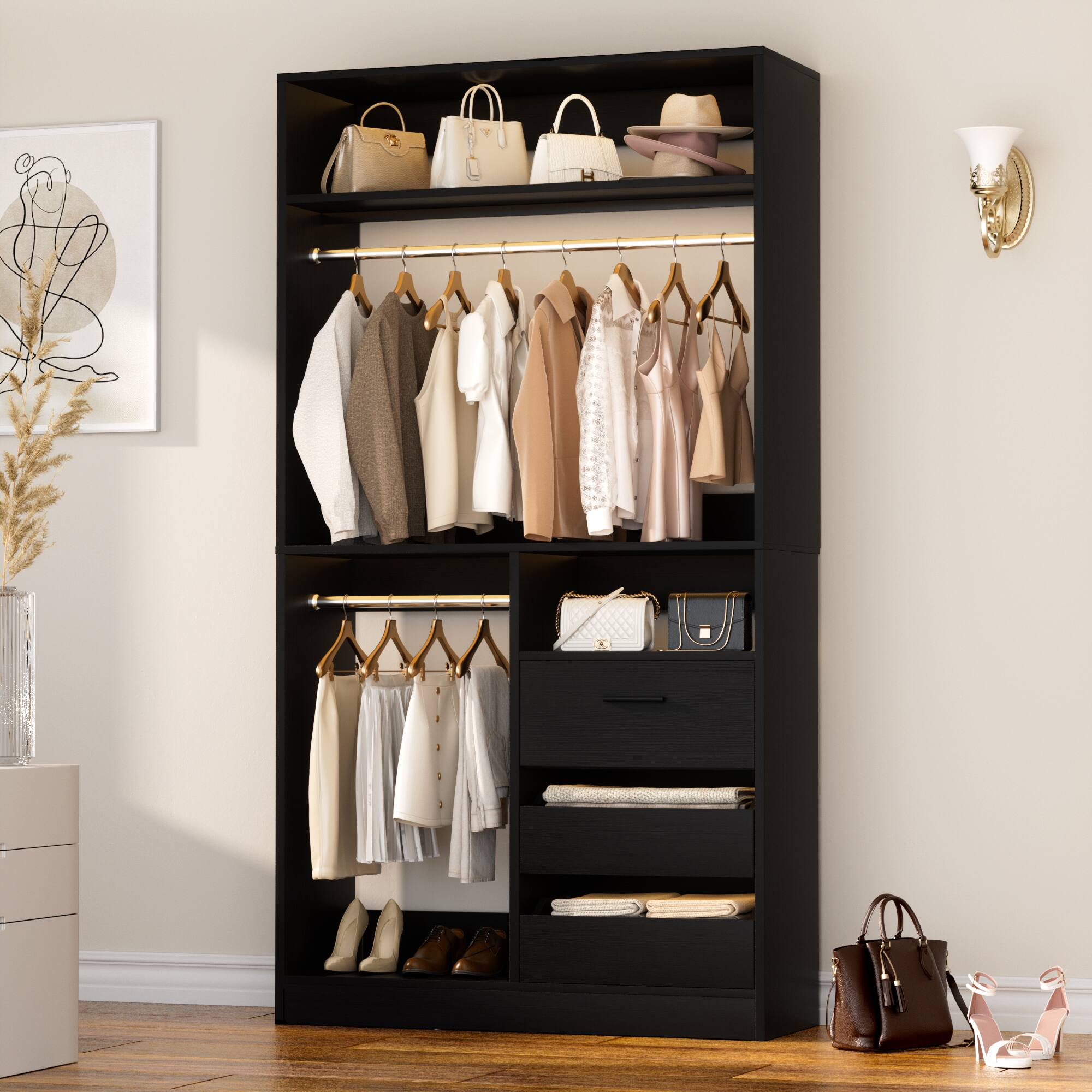 Alt View 1. Aheaplus - 36" Freestanding Closet Organizer with 3 Drawers, 2 Hanging Rods & Shoe Storage - Black.