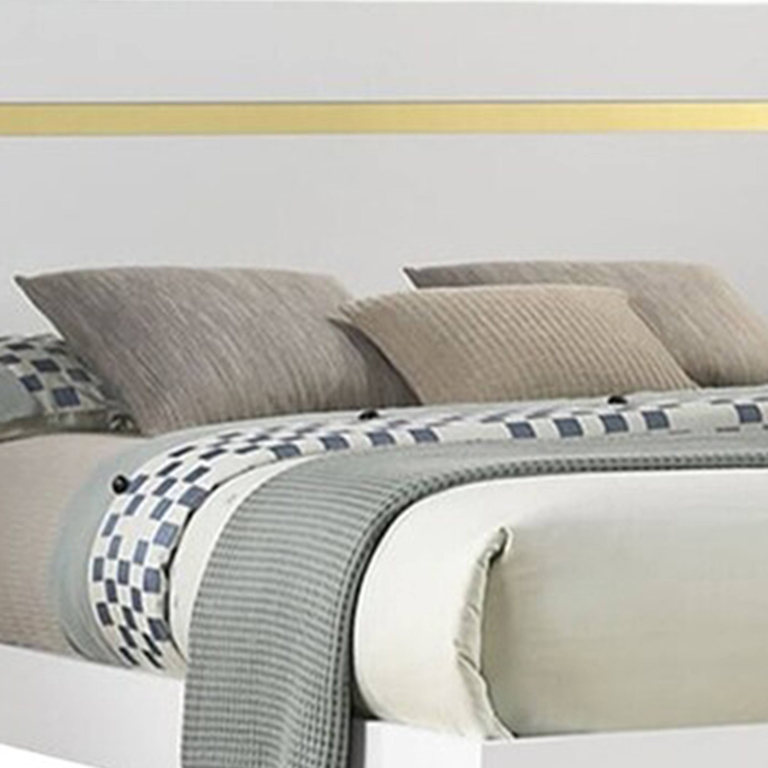 Alt View 1. Manhattan Lane - Yoki Queen Size Bed w Underbed LED, Acrylic Gold Trim, White Frame - White, Gold.