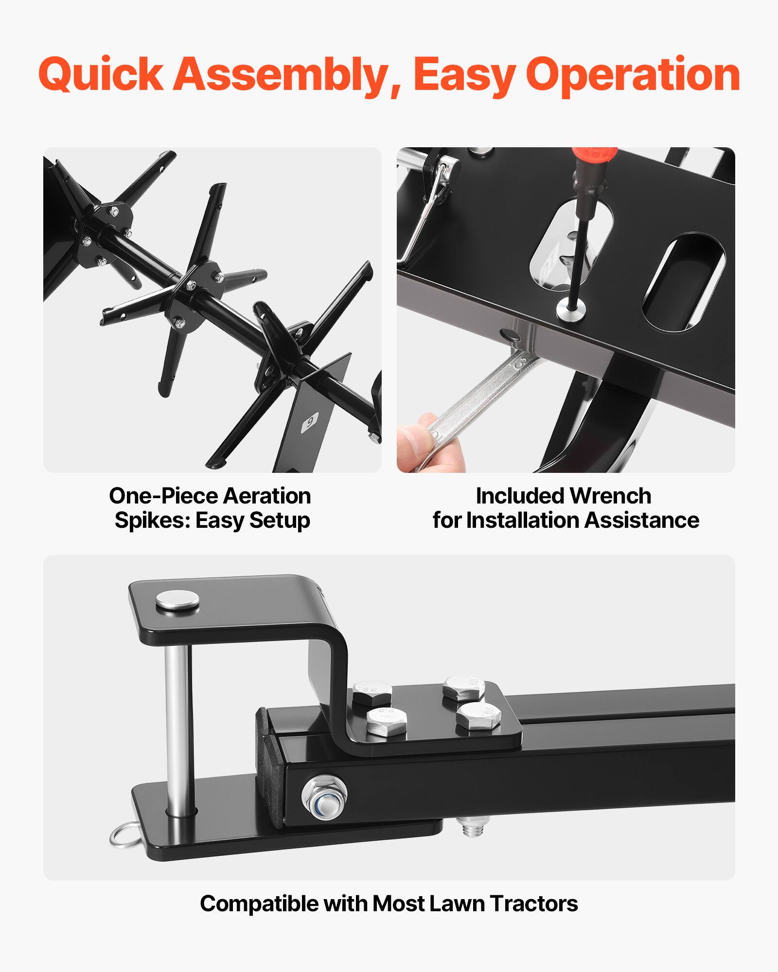 Quick Assembly, Easy Operation

One-Piece Aeration Spikes: Easy Setup

Included Wrench for Installation Assistance

Compatible with Most Lawn Tractors