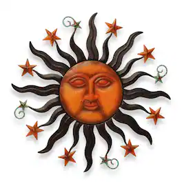 G128 - 24 in Sun Face Metal Wall Art Decor for Indoor and Outdoor - Orange, Black, Brown