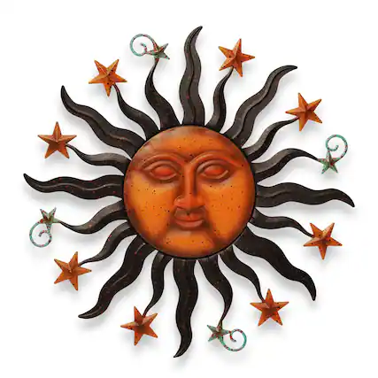Front. G128 - 24 in Sun Face Metal Wall Art Decor for Indoor and Outdoor - Orange, Black, Brown.