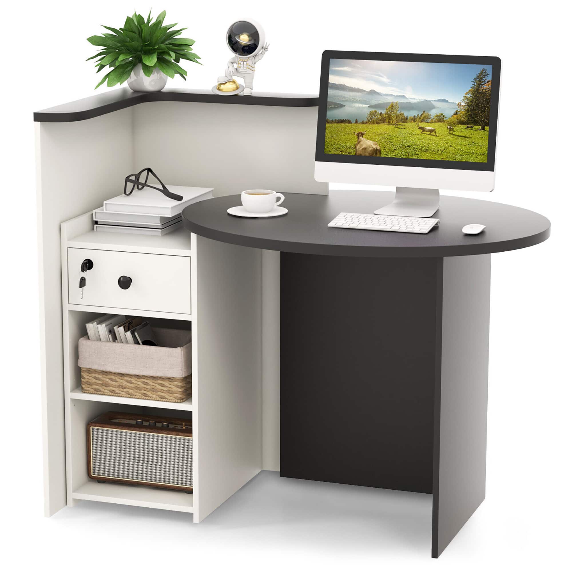 Front. Gymax - Gymax Front Reception Counter Desk Checkout Office Desk w/Open Shelf & Lockable Drawer - Black, White.