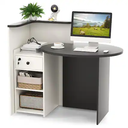 Front. Gymax - Gymax Front Reception Counter Desk Checkout Office Desk w/Open Shelf & Lockable Drawer - Black, White.