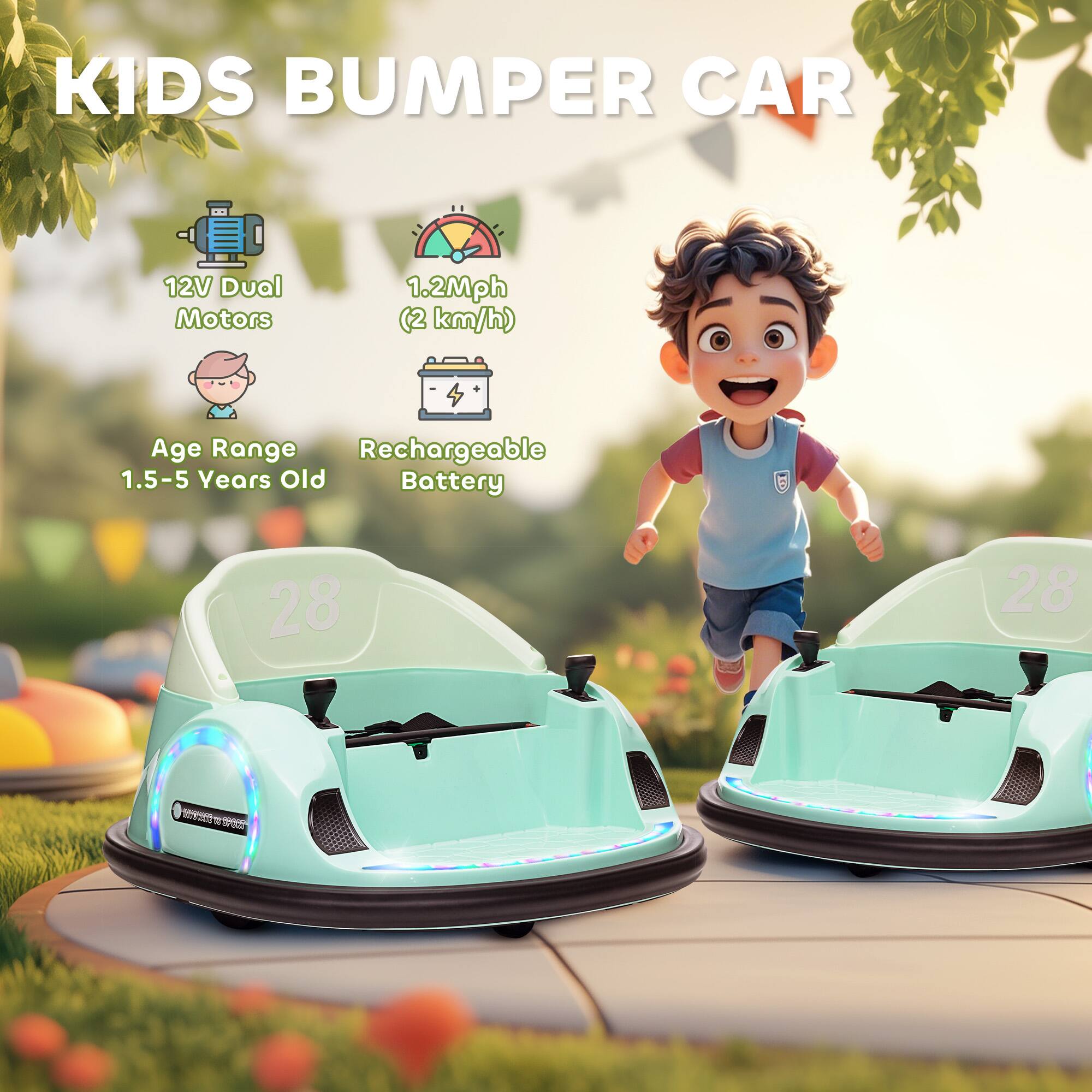KIDS BUMPER CAR

- 12V Dual Motors
- 1.2Mph (2 km/h)
- Age Range: 1.5-5 Years Old
- Rechargeable Battery