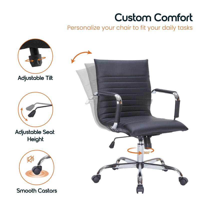 Custom Comfort
Personalize your chair to fit your daily tasks
Adjustable Tilt
Adjustable Seat Height
360
Smooth Castors