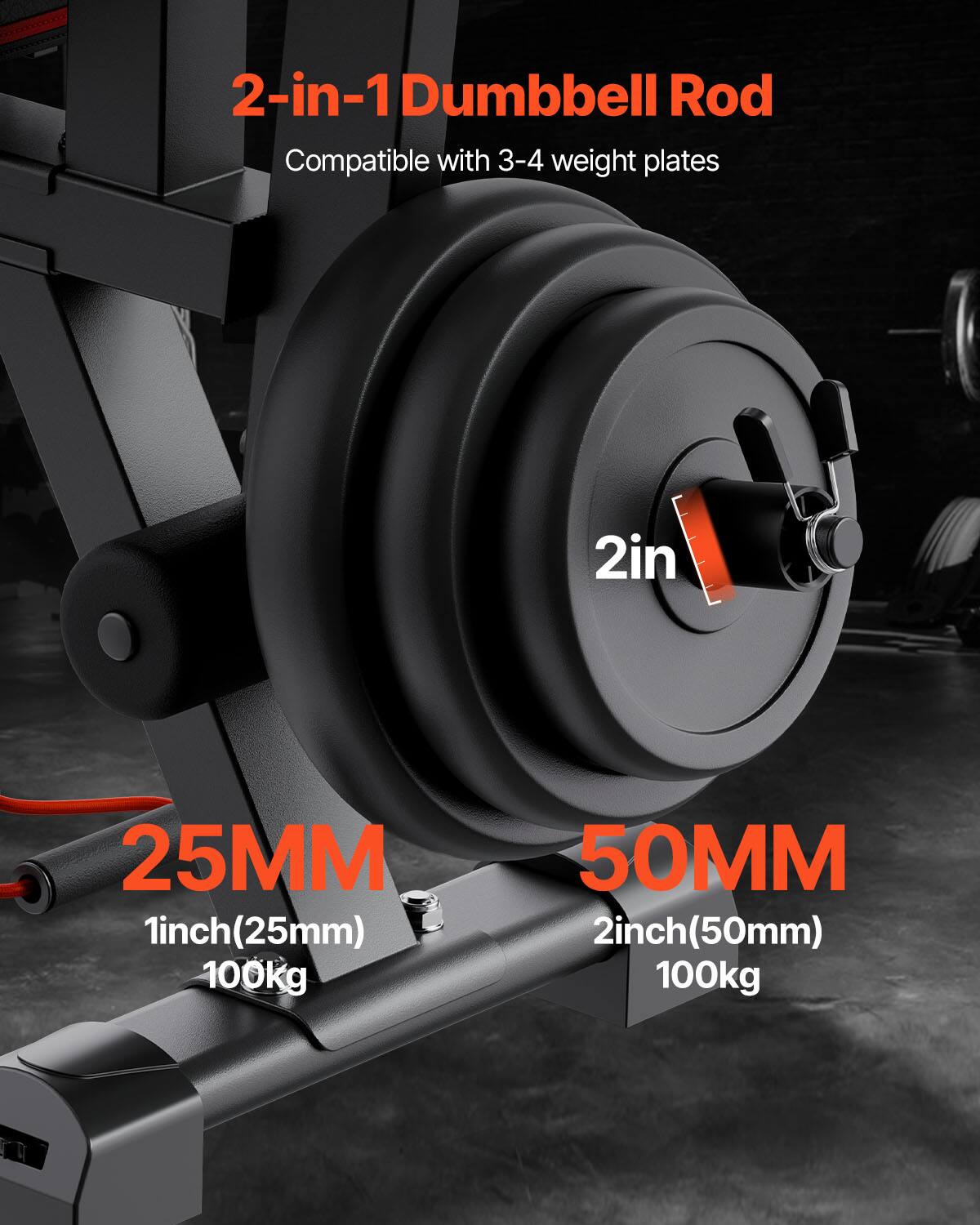 2-in-1 Dumbbell Rod  
Compatible with 3-4 weight plates  

2in  
25MM  
1inch (25mm)  
100kg  

50MM  
2inch (50mm)  
100kg