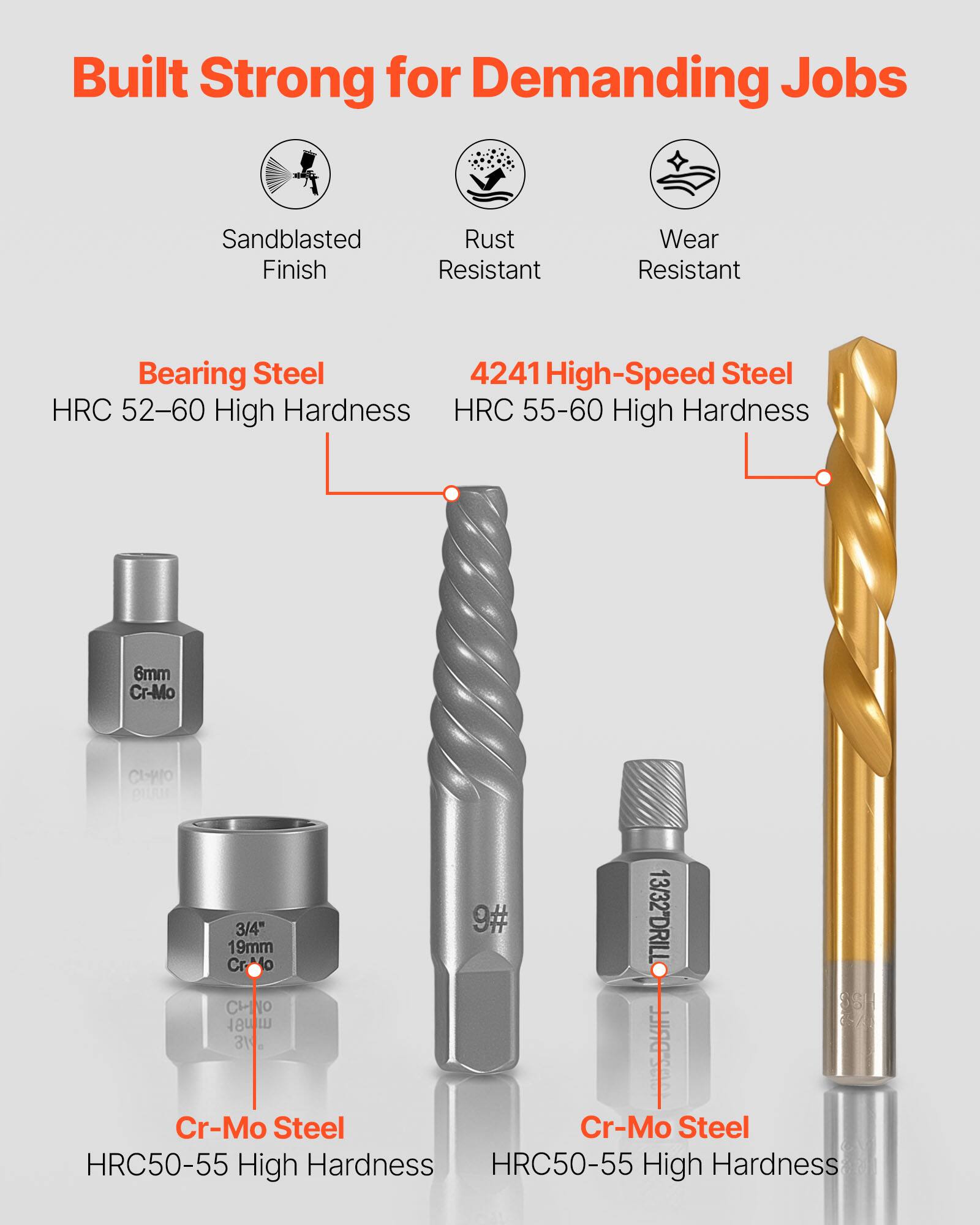 Built Strong for Demanding Jobs

- Sandblasted Finish
- Rust Resistant
- Wear Resistant

Bearing Steel
- HRC 52-60 High Hardness

4241 High-Speed Steel
- HRC 55-60 High Hardness

Cr-Mo Steel
- HRC 50-55 High Hardness

- 6mm Cr-Mo
- 19mm 3/4" 9# 13/32" DRILL
- Cr-Mo Steel
- HRC 50-55 High Hardness