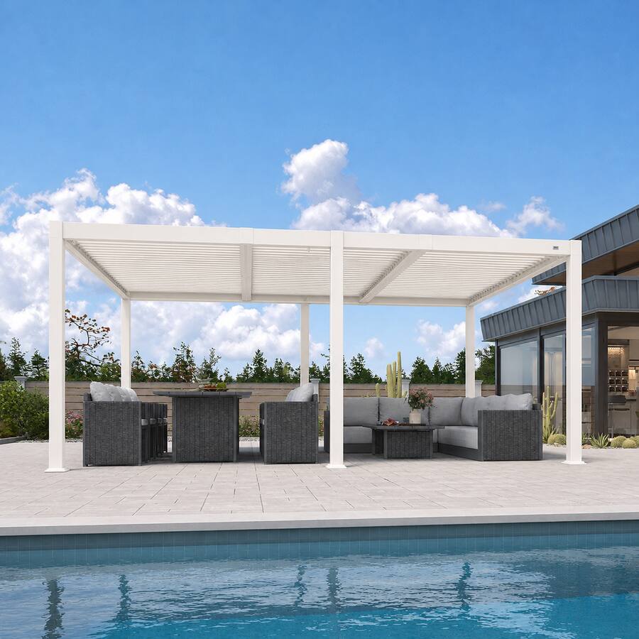 Alt View 1. PURPLE LEAF - Louvered Pergola with LED Strip Lights Outdoor White Aluminum Hardtop Gazebo with Adjustable Roof for Patio Garden Yard - 11'×18'.