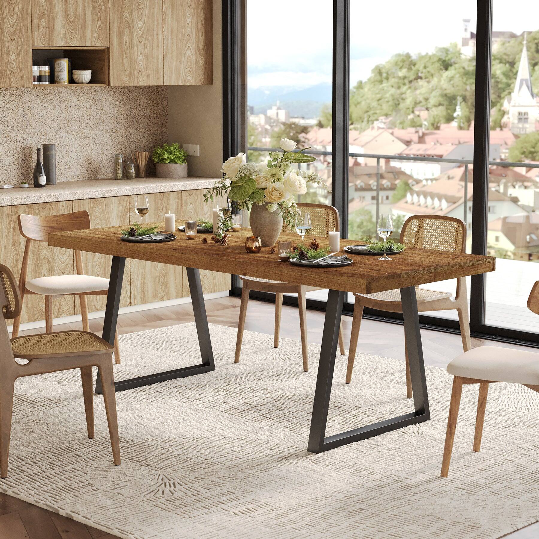 Angle. Tribesigns - Industrial Solid Wood Dining Table with Rectangular Top for Everyday Meals and Family Gatherings - Brown.