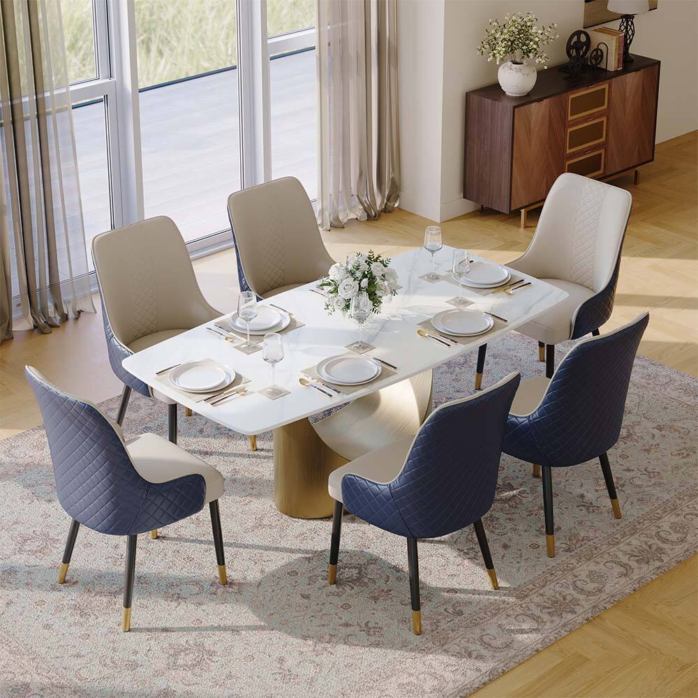 Left. POVISON - Modern Upholstered Dining Chairs Set of 2（Navy Blue & Light Gray PU Leather） - Navy Blue.