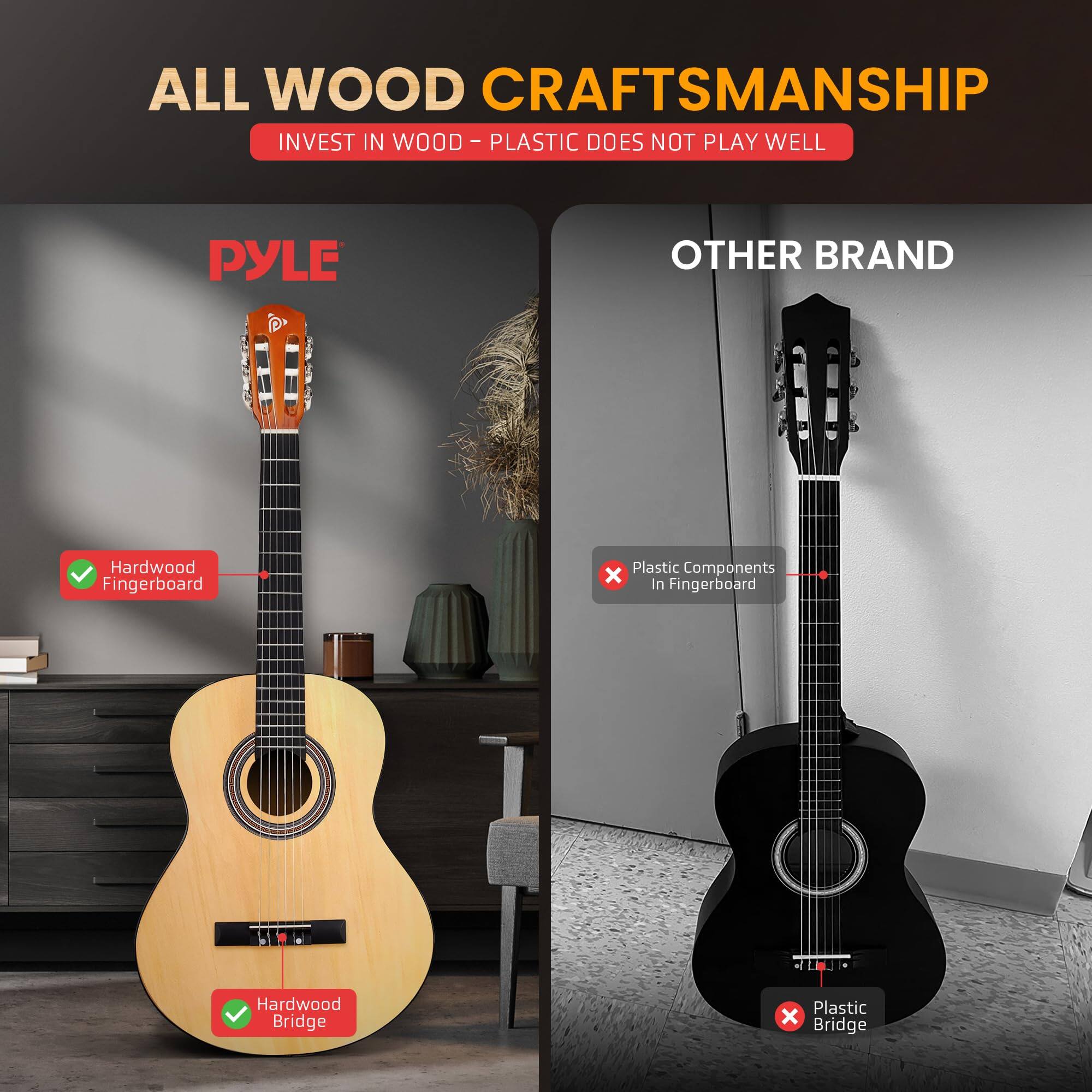 ALL WOOD CRAFTSMANSHIP  
INVEST IN WOOD - PLASTIC DOES NOT PLAY WELL  

PYLE  
Hardwood Fingerboard  
Hardwood Bridge  

OTHER BRAND  
Plastic Components in Fingerboard  
Plastic Bridge