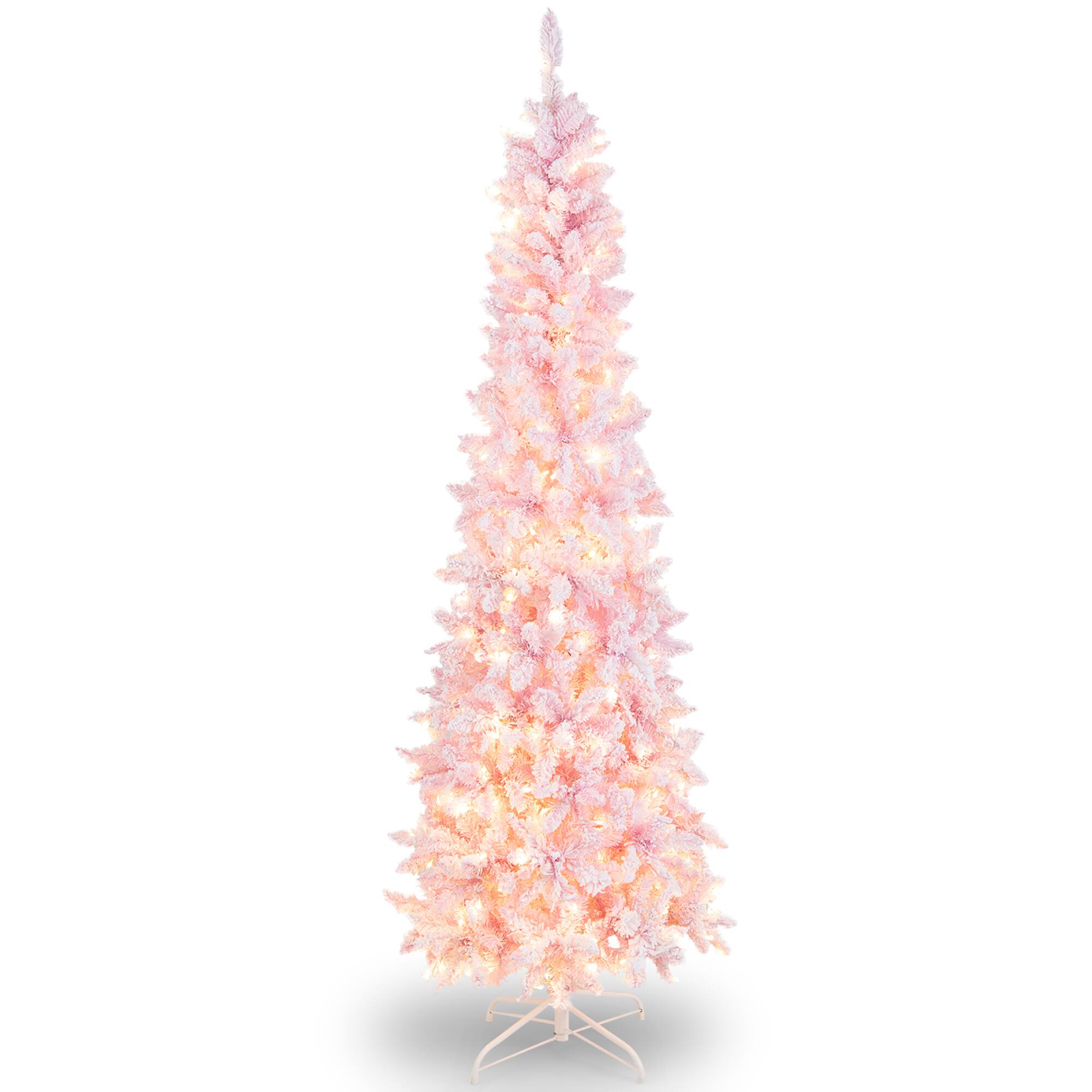 Alt View 20. Costway - 7FT Pre-Lit Snow Flocked Hinged Pencil Christmas Tree w/ 300 Lights & 8 Modes - Pink/White.