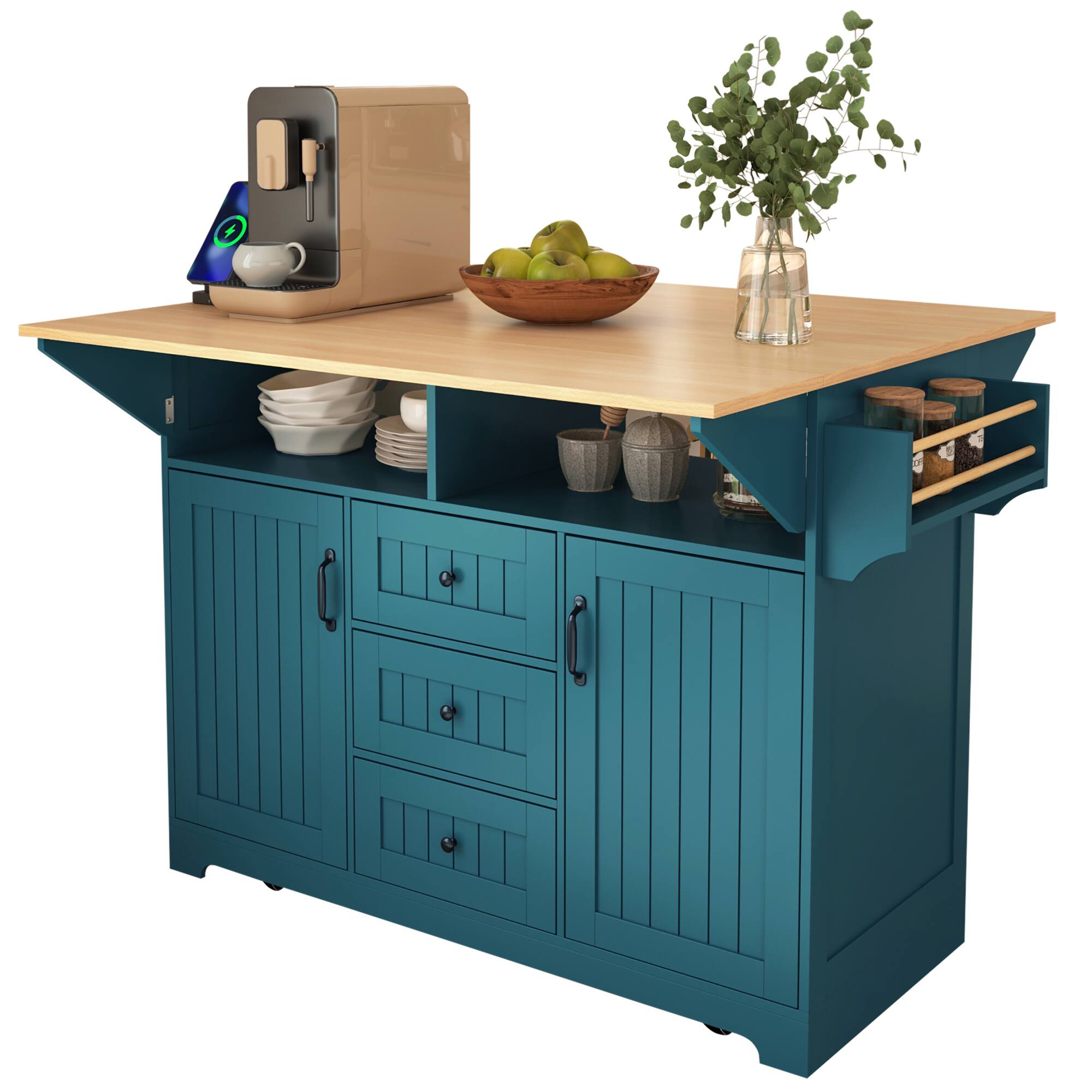 Alt View 1. Forest'nSky - 55.7" Rolling Kitchen Island with 2 Drop-Leaf Tables – Power Outlet, 3 Drawers, Spice & Towel Racks, Green - Green.