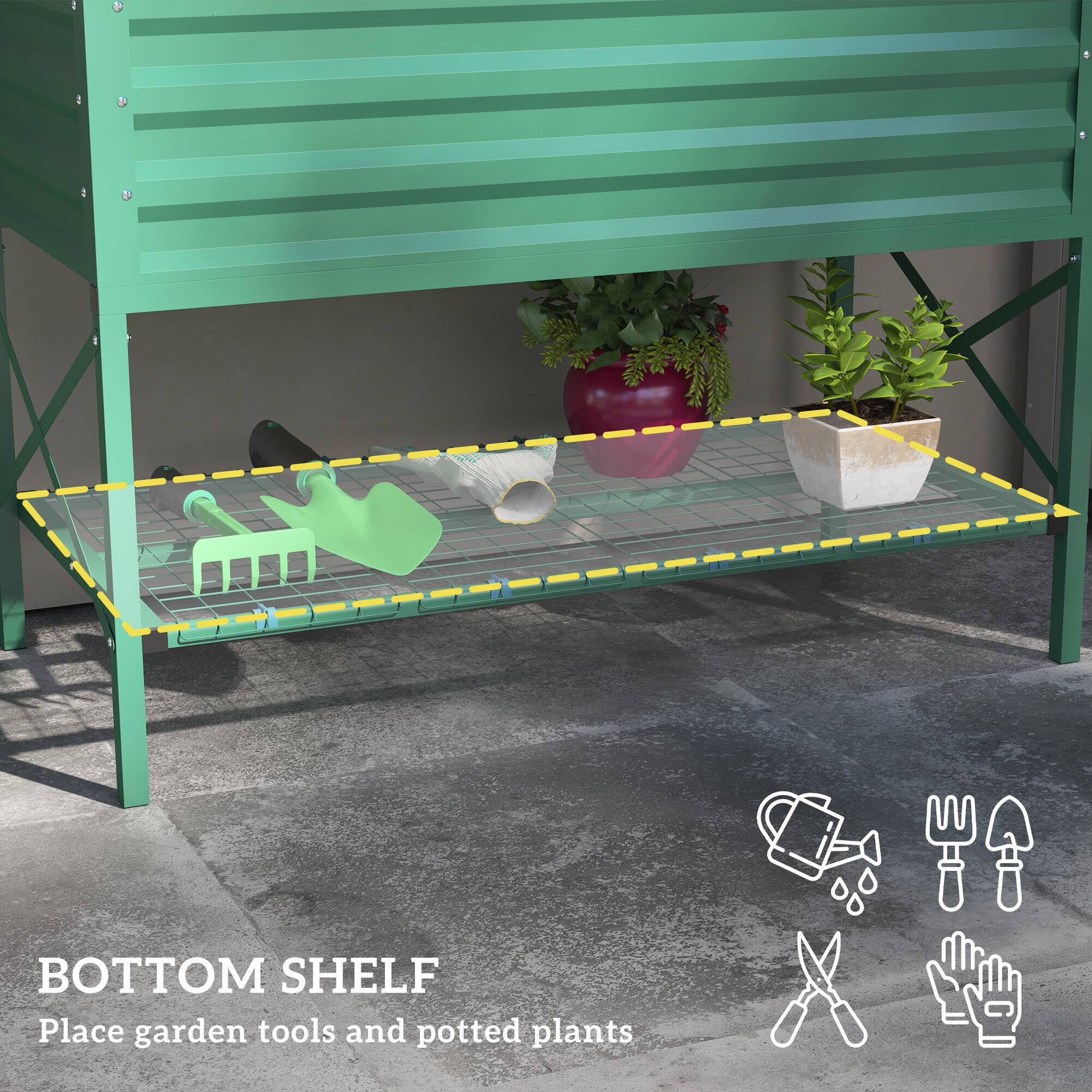 BOTTOM SHELF  
Place garden tools and potted plants