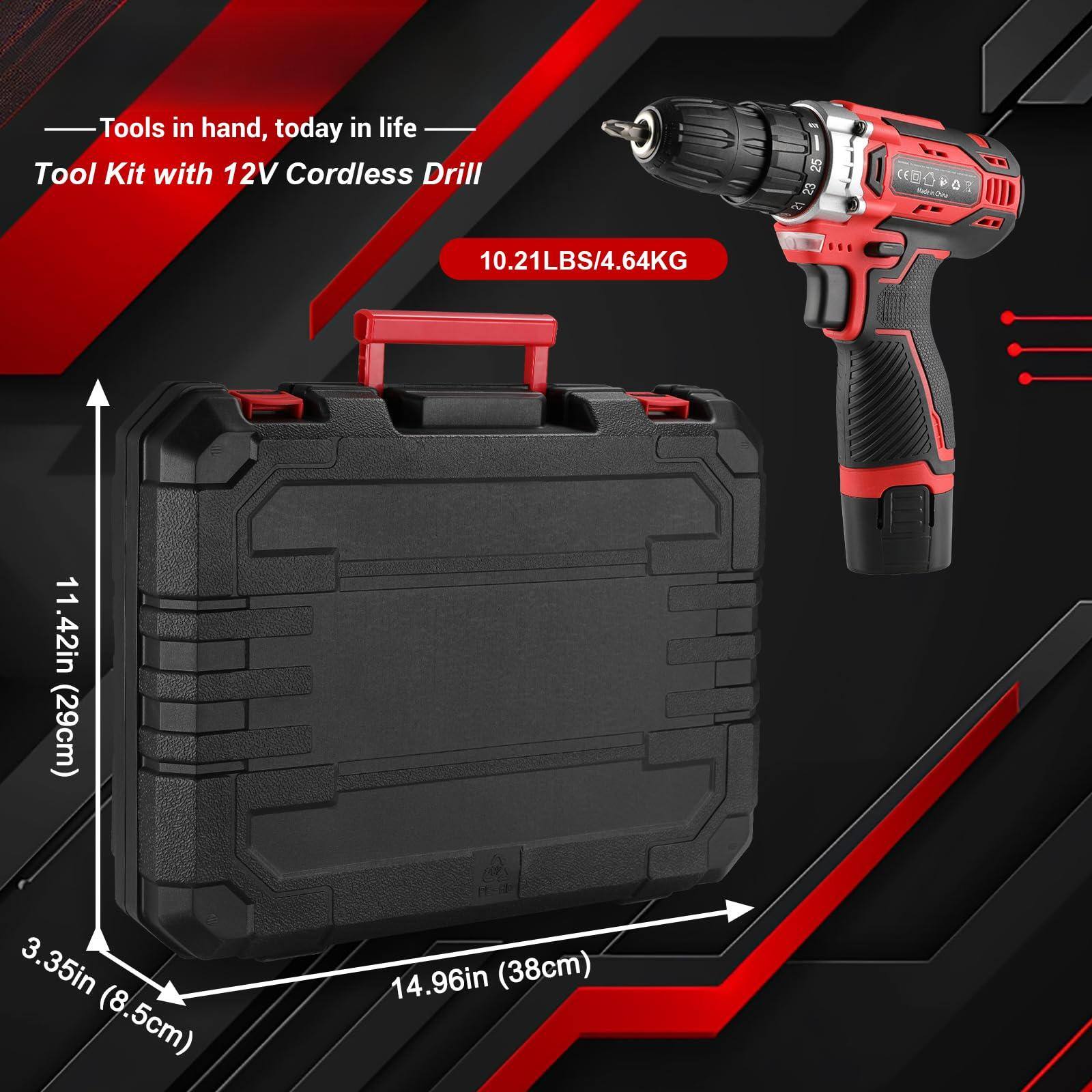 Tools in hand, today in life  
Tool Kit with 12V Cordless Drill  
10.21LBS/4.64KG  
11.42in (29cm)  
3.35in (8.5cm)  
14.96in (38cm)