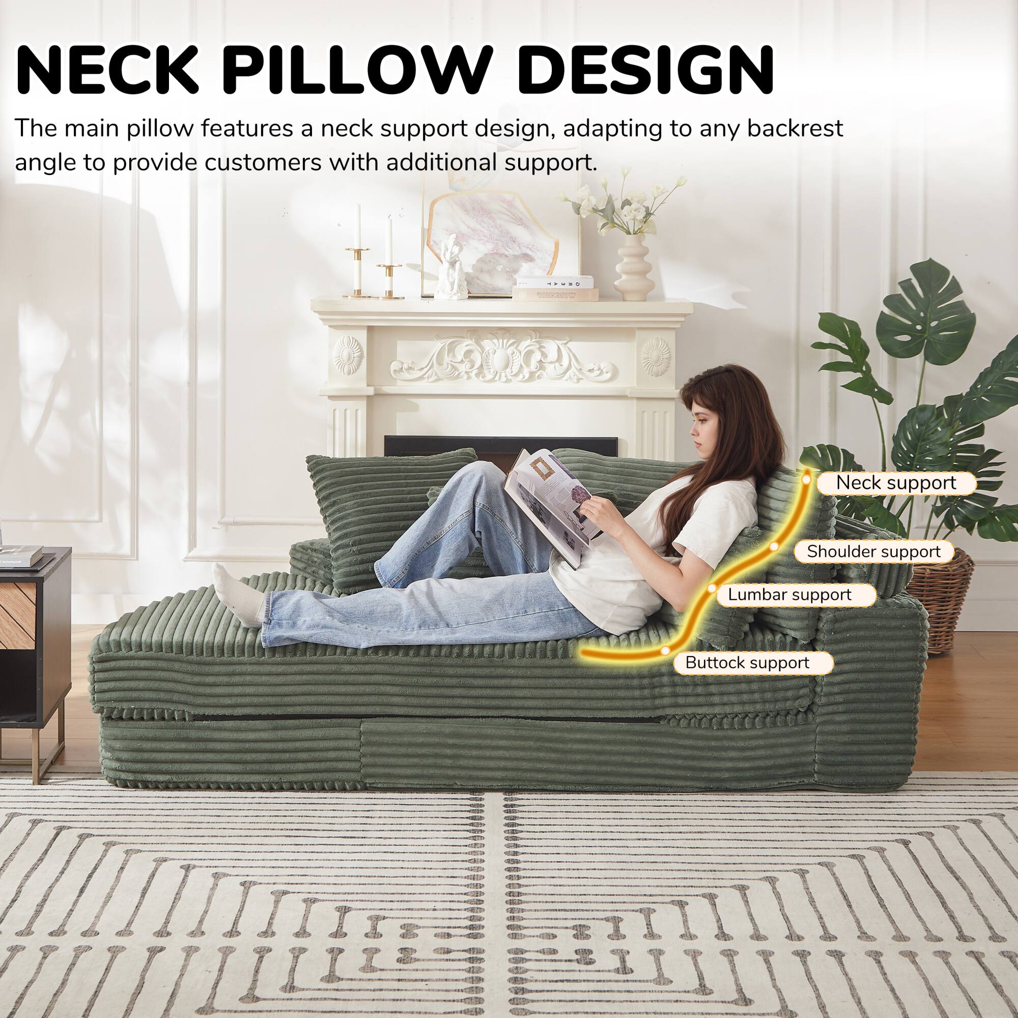 NECK PILLOW DESIGN

The main pillow features a neck support design, adapting to any backrest angle to provide customers with additional support.

- Neck support
- Shoulder support
- Lumbar support
- Buttock support