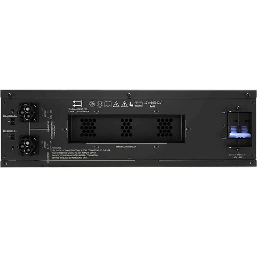 12V-16(192V) 9AH

FOLLOW ARROWS FOR BATTERY CONNECTION

SEE INSTALLATION INSTRUCTION BEFORE CONNECTING TO THE UPS

DO NOT REMOVE COVER

DO NOT TOUCH UNINSULATED BATTERIES ON SETTOR CONNECTOR

SERVICE BY QUALIFIED PERSONNEL ONLY

TEMPERATURE SENSOR

BATTERY READER 20V MAX