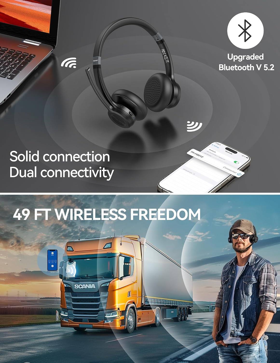 NET APP / 0.7 - 5 + 6 2 is gootler  
FCC  
Upgraded Bluetooth V 5.2  
Solid connection Dual connectivity  
TK-HS912  
Connected  
49 FT WIRELESS FREEDOM  
SCANIA