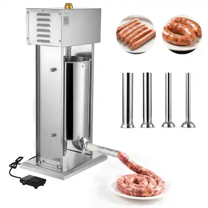 Front. VEVOR - Electric Sausage Stuffer, 33 LBS / 15 L Vertical Meat Stuffer, Stepless Speed Control and Foot Pedal, Stainless Steel - Silver.