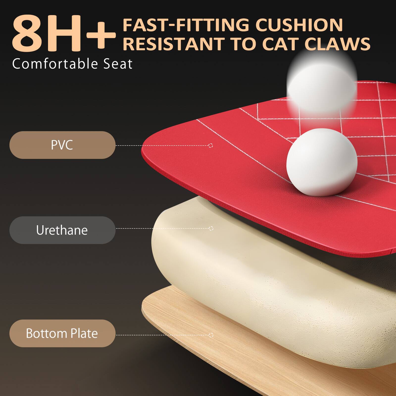 8H+  
FAST-FITTING CUSHION  
RESISTANT TO CAT CLAWS  
Comfortable Seat  

PVC  
Urethane  
Bottom Plate