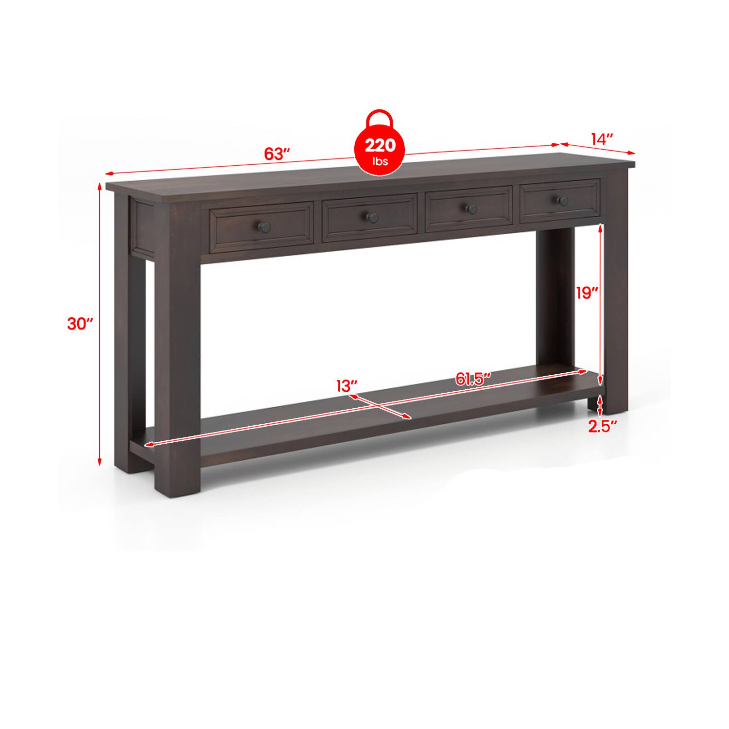 63" 220 lbs 14" 19" 30" 13" 61.5" 2.5"
