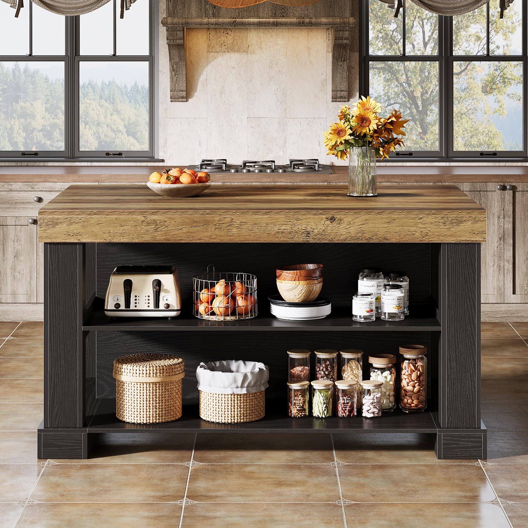 Alt View 5. Tribesigns - 55" Kitchen Island with Seating and Storage, 3-Tier, Farmhouse - Black.